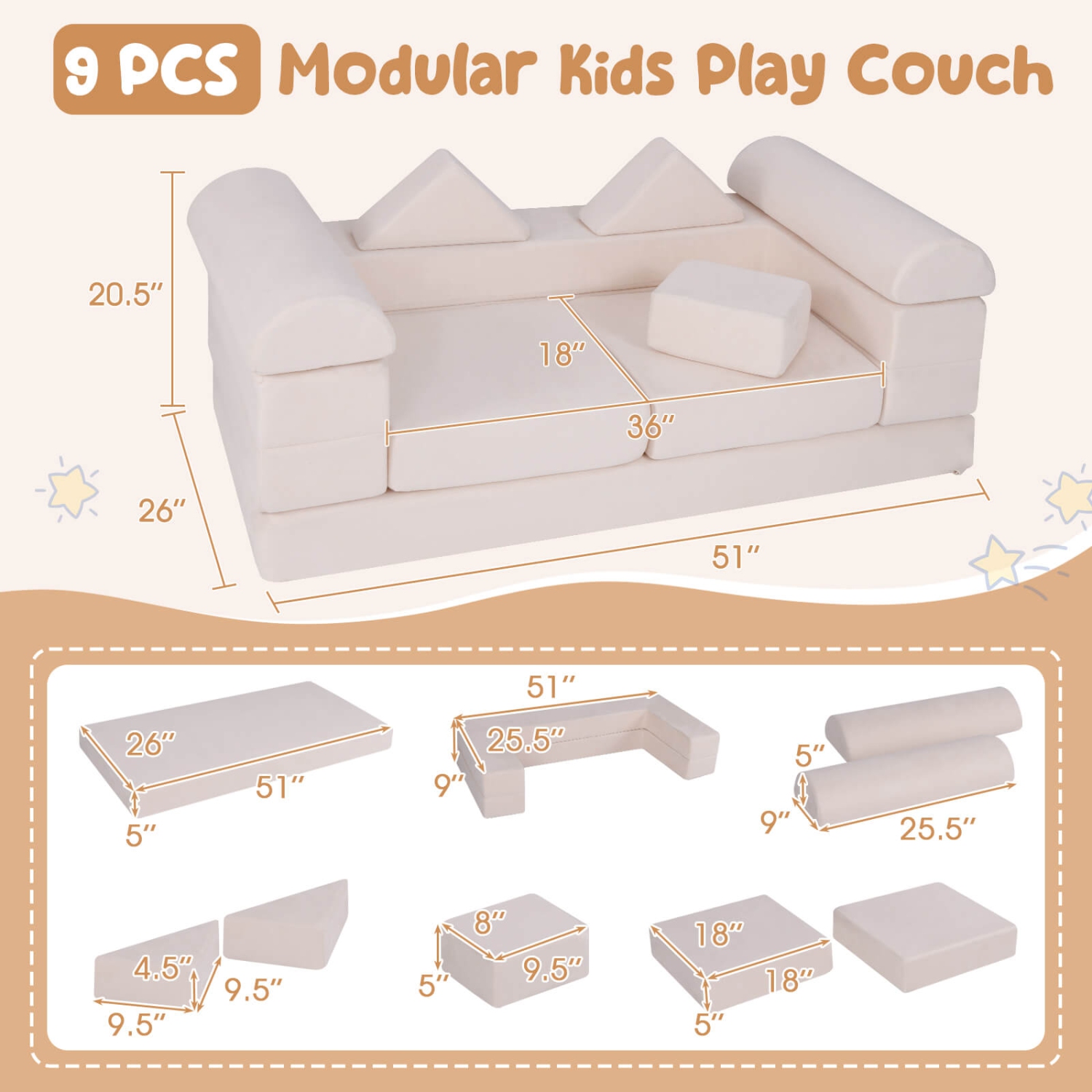 Costway Kids Modular Play Couch Play Set with Suede Fabric Cover High-Density Foam
