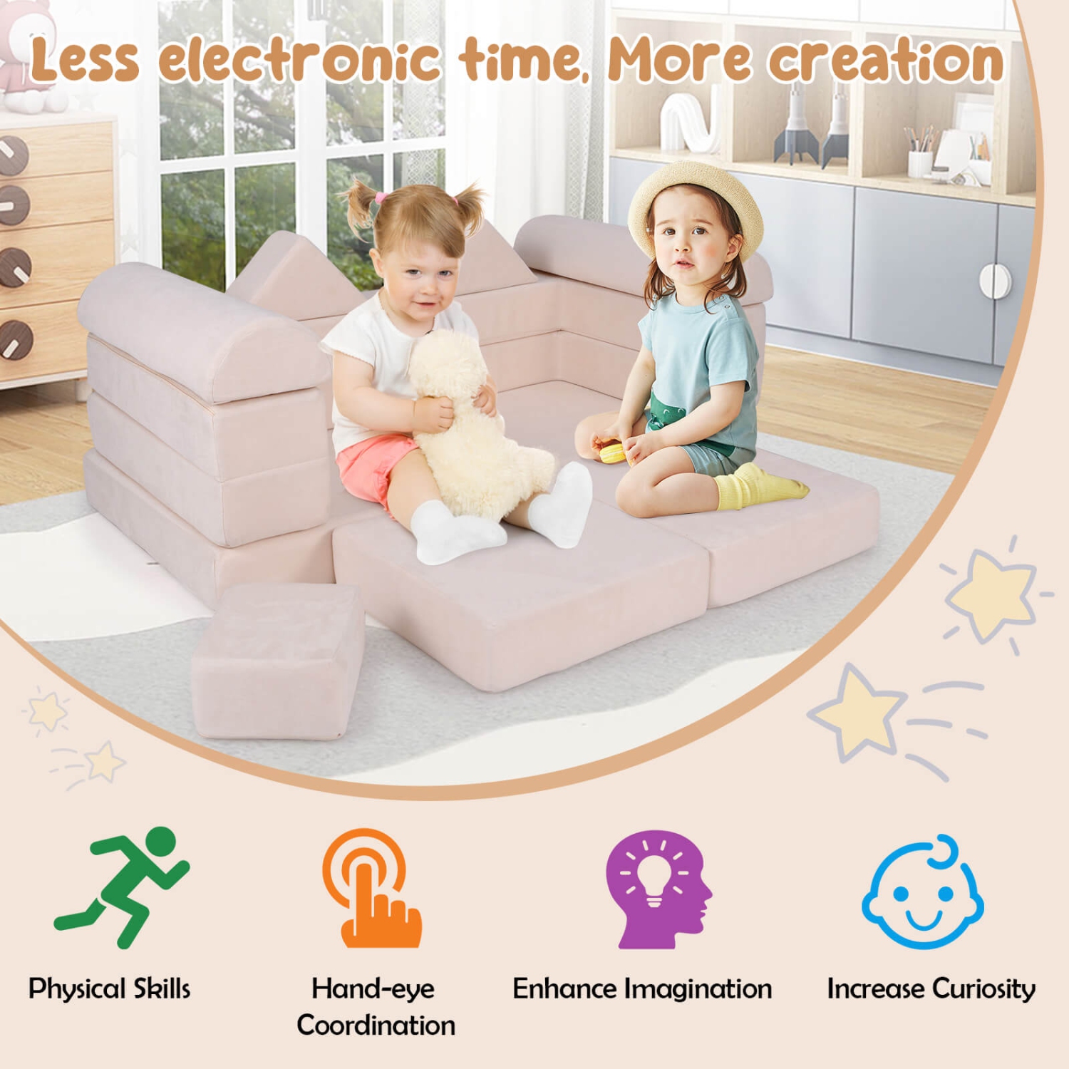 Costway Kids Modular Play Couch Play Set with Suede Fabric Cover High-Density Foam