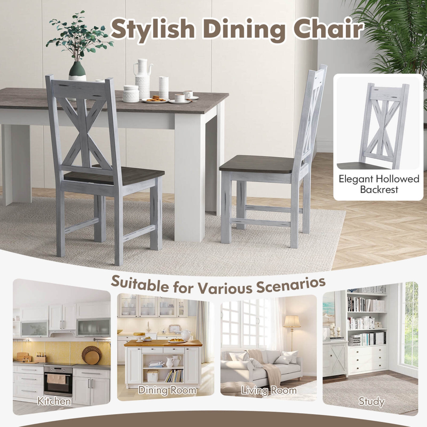 Costway Wooden Dining Chair Set of 2 with Rubber Wood Frame Elegant Hollowed Backrest