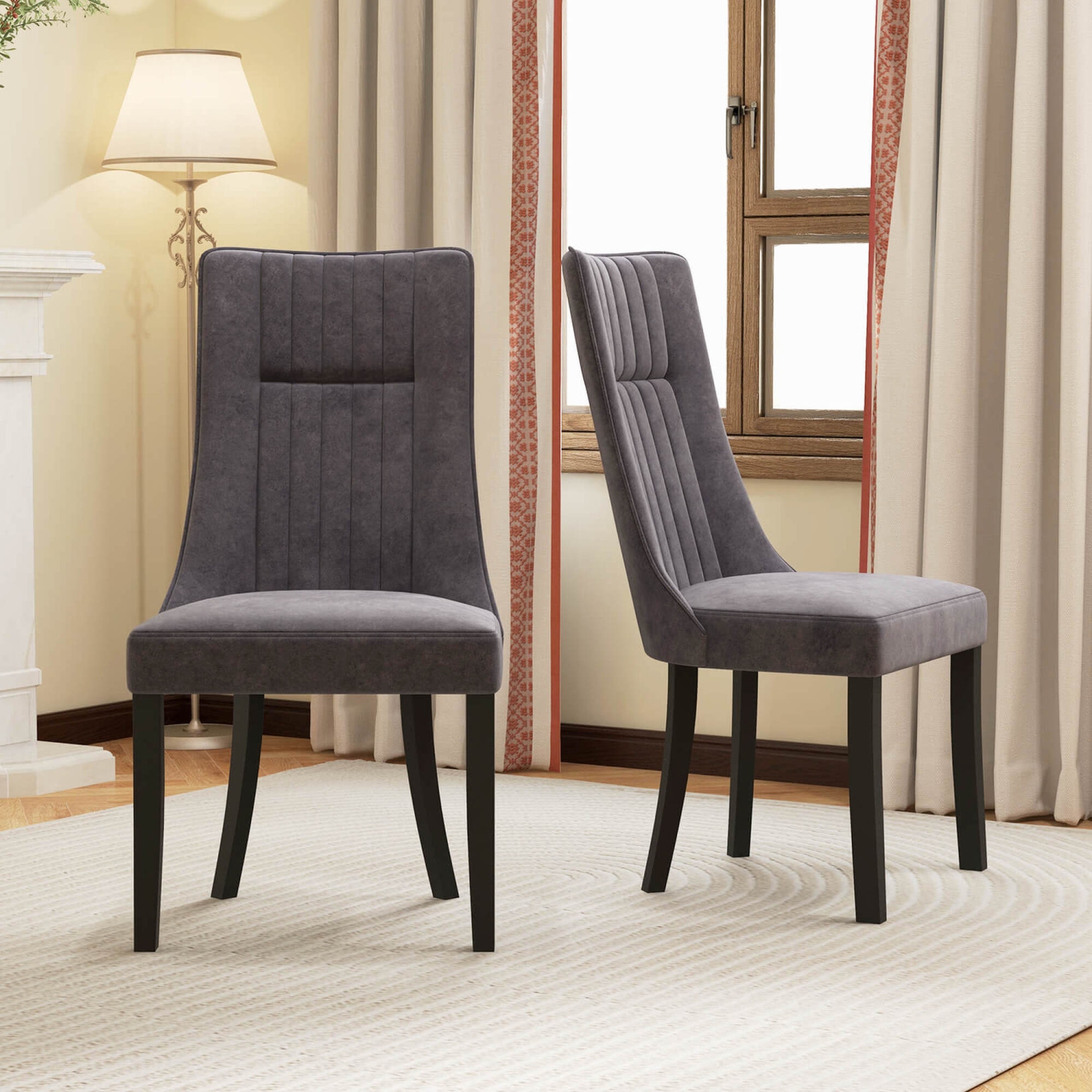 Costway Channel Tufted Dining Chairs Set of 2 with High Backrest Rubber Wood Legs Modern