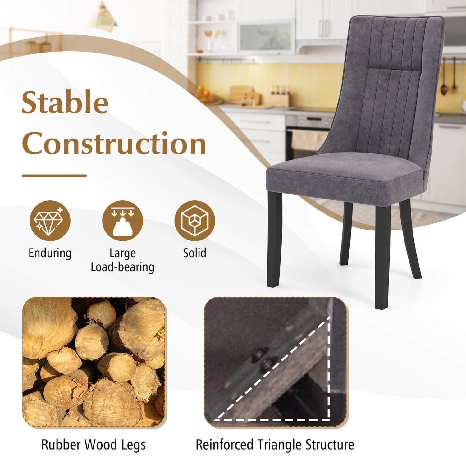 Costway Channel Tufted Dining Chairs Set of 2 with High Backrest Rubber Wood Legs Modern