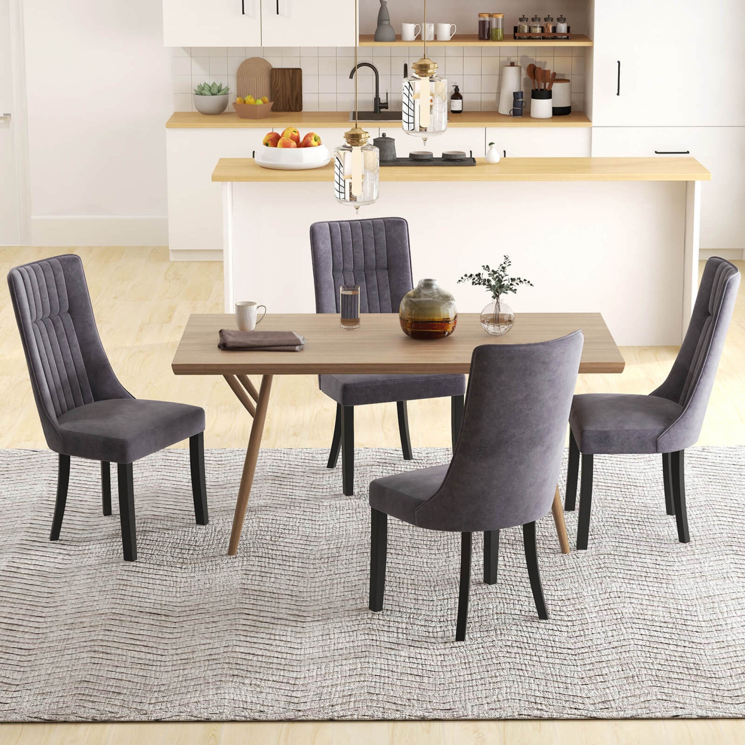 Costway Channel Tufted Dining Chairs Set of 4 with High Backrest Rubber Wood Legs Modern