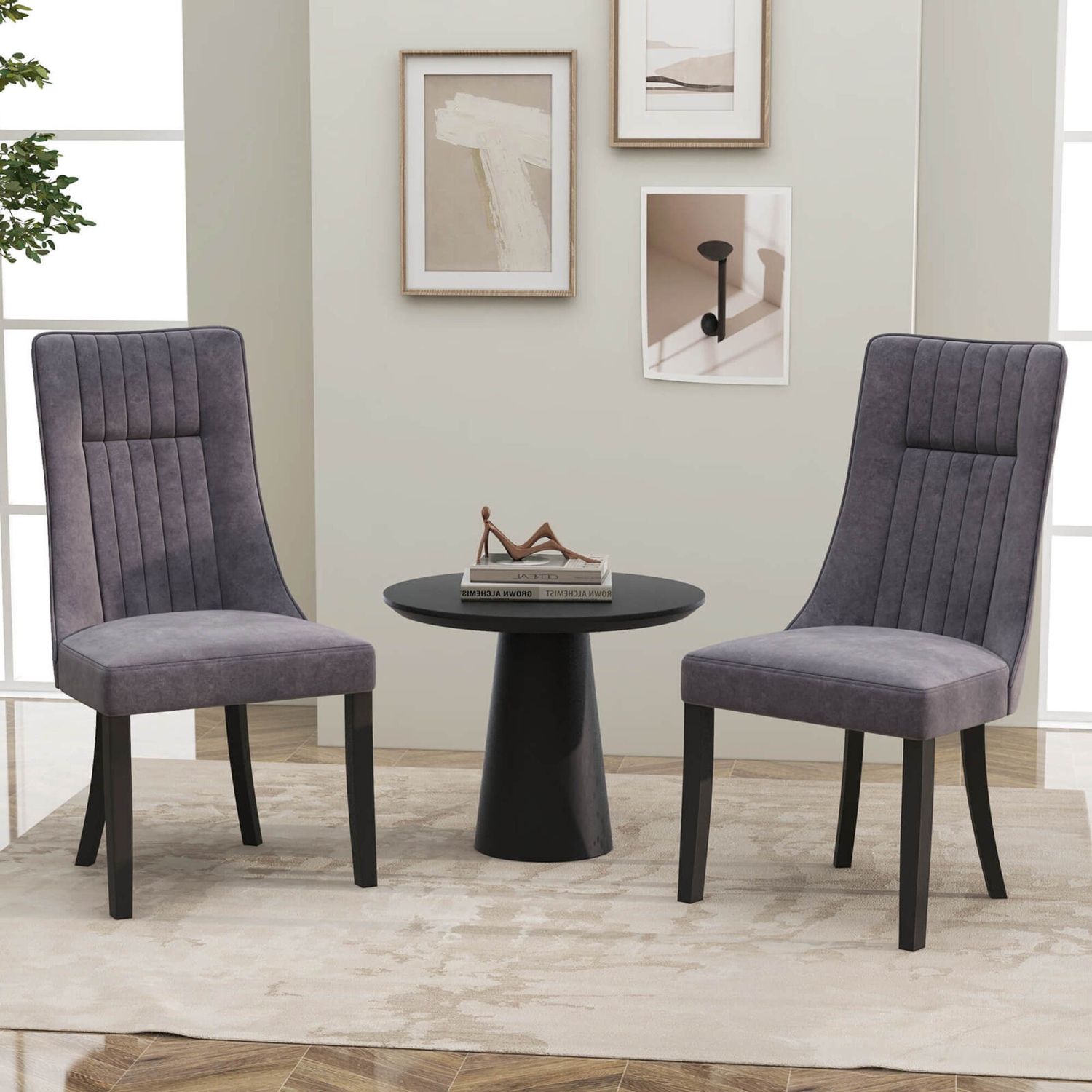 Costway Channel Tufted Dining Chairs Set of 4 with High Backrest Rubber Wood Legs Modern