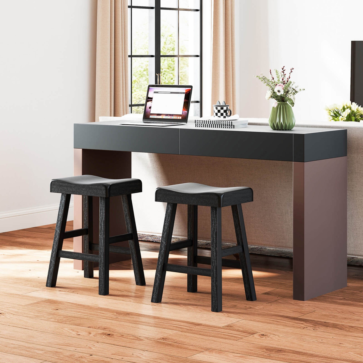 Costway 24-Inch Modern Solid Wood Saddle Stools Set of 2 with Curved Seats Footrests