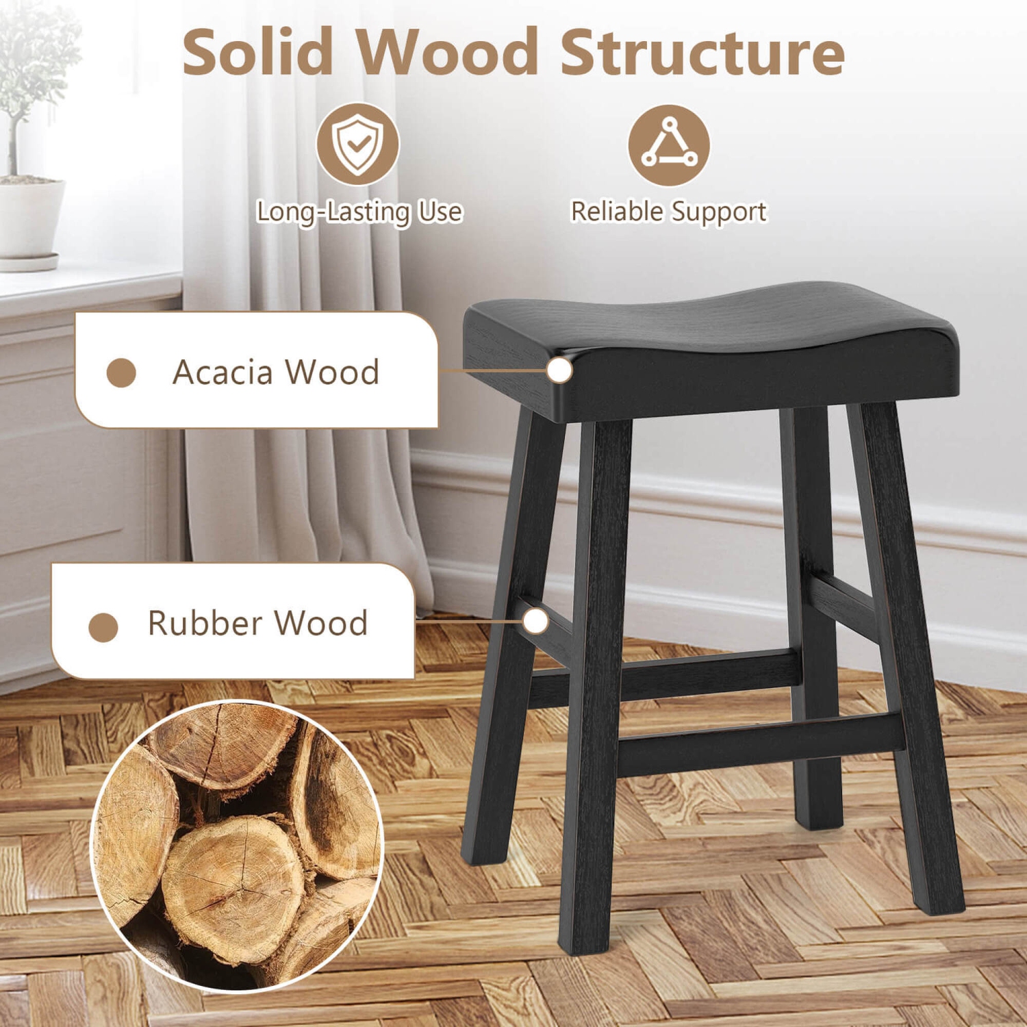Costway 24-Inch Modern Solid Wood Saddle Stools Set of 2 with Curved Seats Footrests