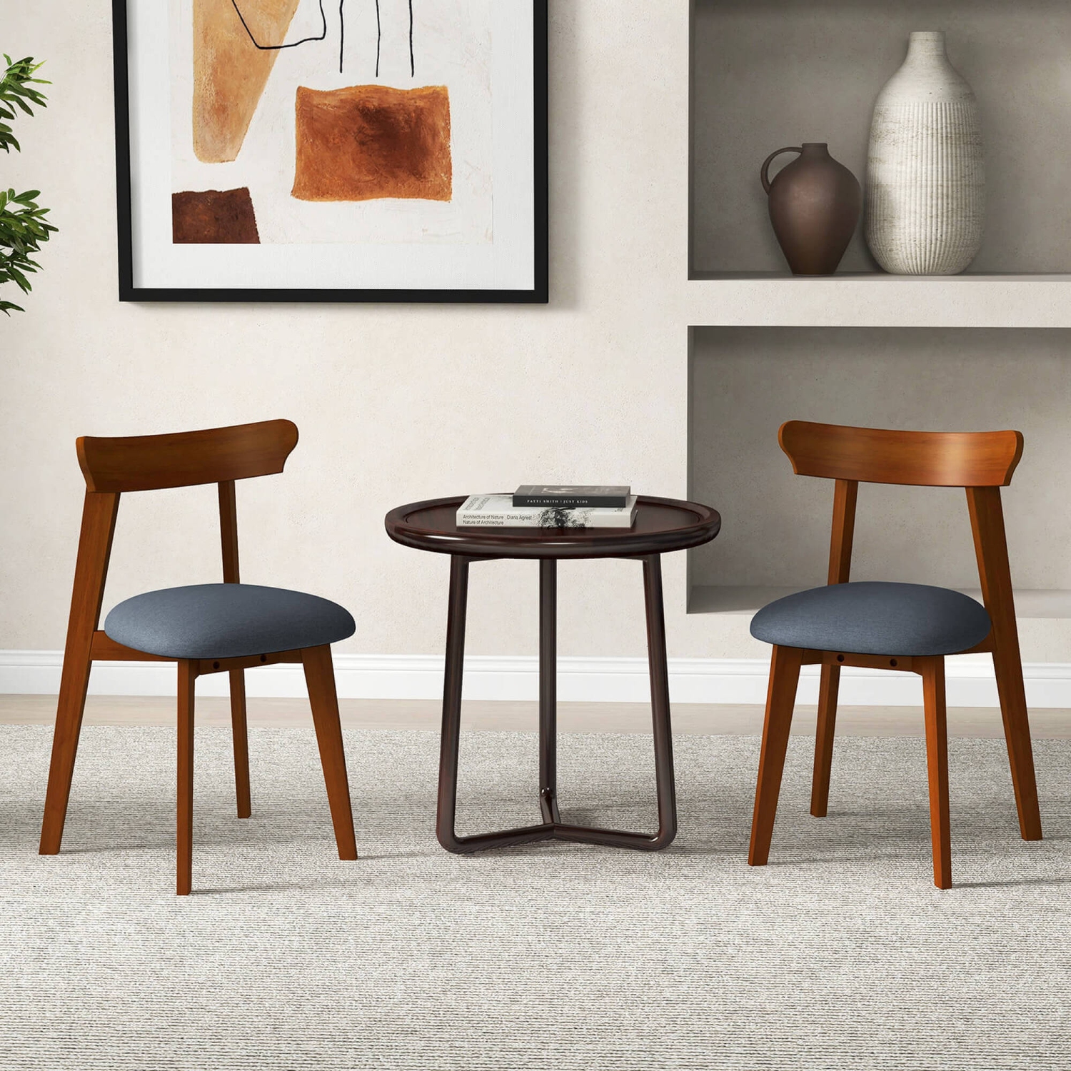 Costway Wood Dining Chairs Set of 4 with Rubber Wood Frame Padded Seat & Curved Backrest