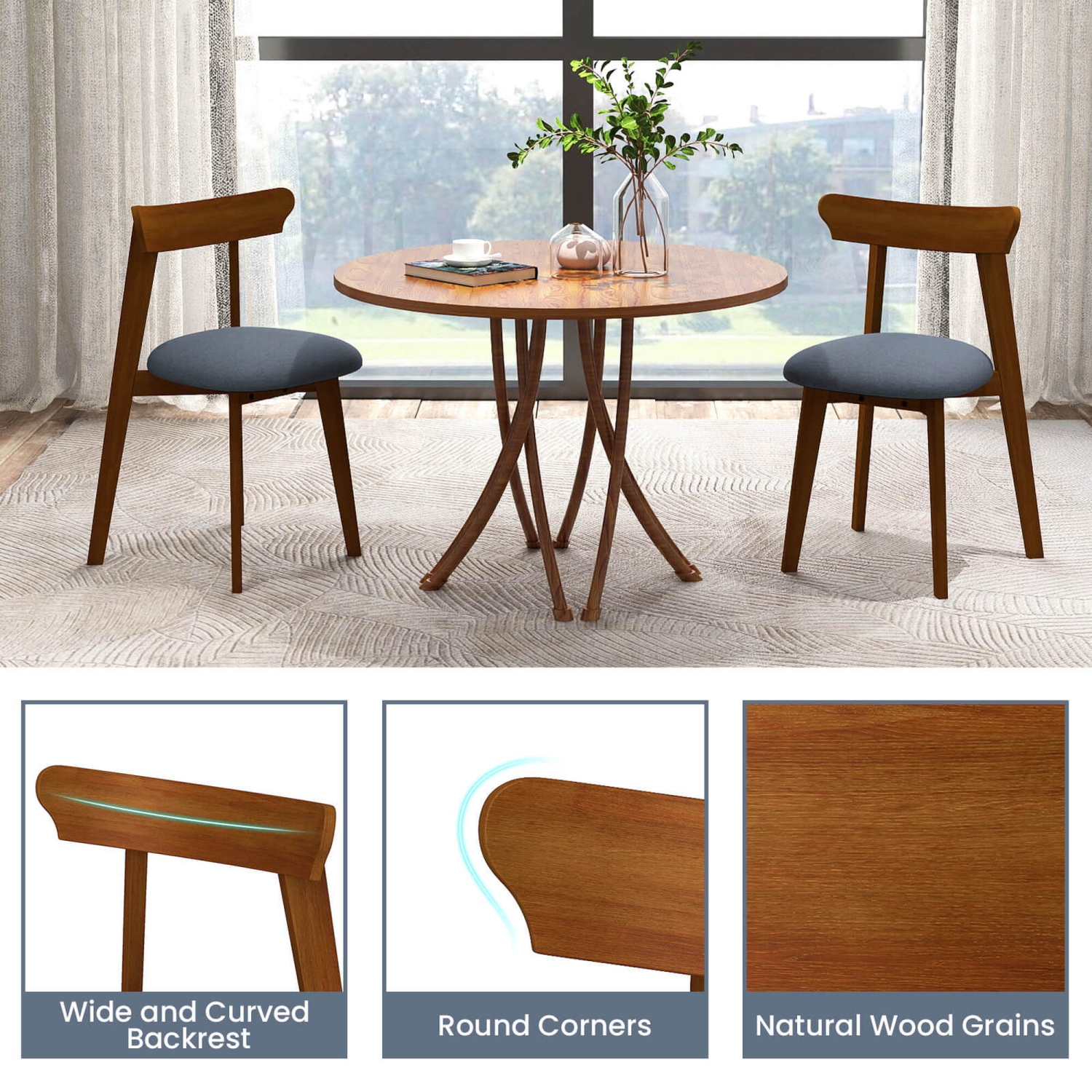 Costway Wood Dining Chairs Set of 4 with Rubber Wood Frame Padded Seat & Curved Backrest