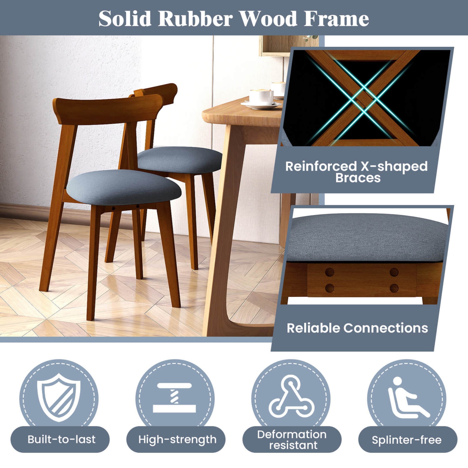 Costway Wood Dining Chairs Set of 4 with Rubber Wood Frame Padded Seat & Curved Backrest