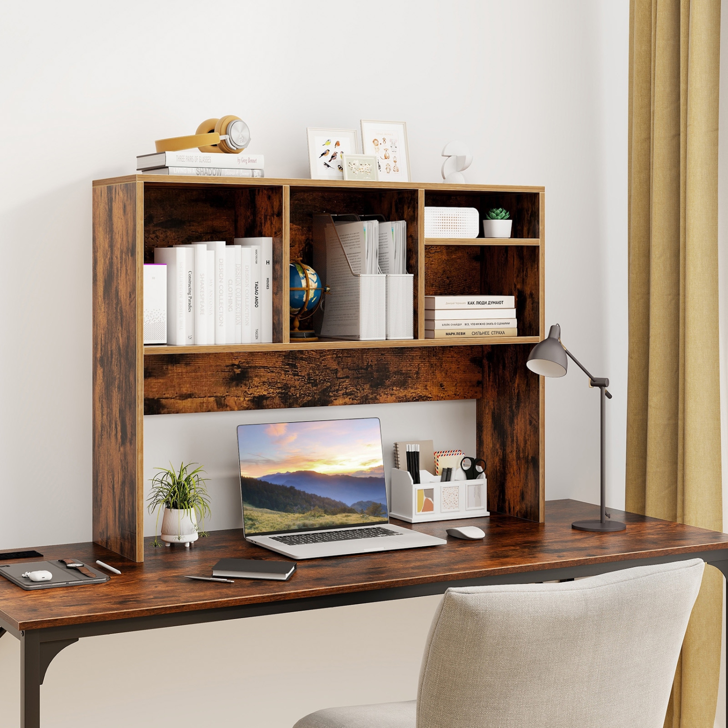 Desktop Bookshelf, 2-Tier Desktop Storage Organizer, 37.2" X 9.5" X 28.9" Office Storage Rack Wood Display Shelf, Desktop Bookshelf Hutch With