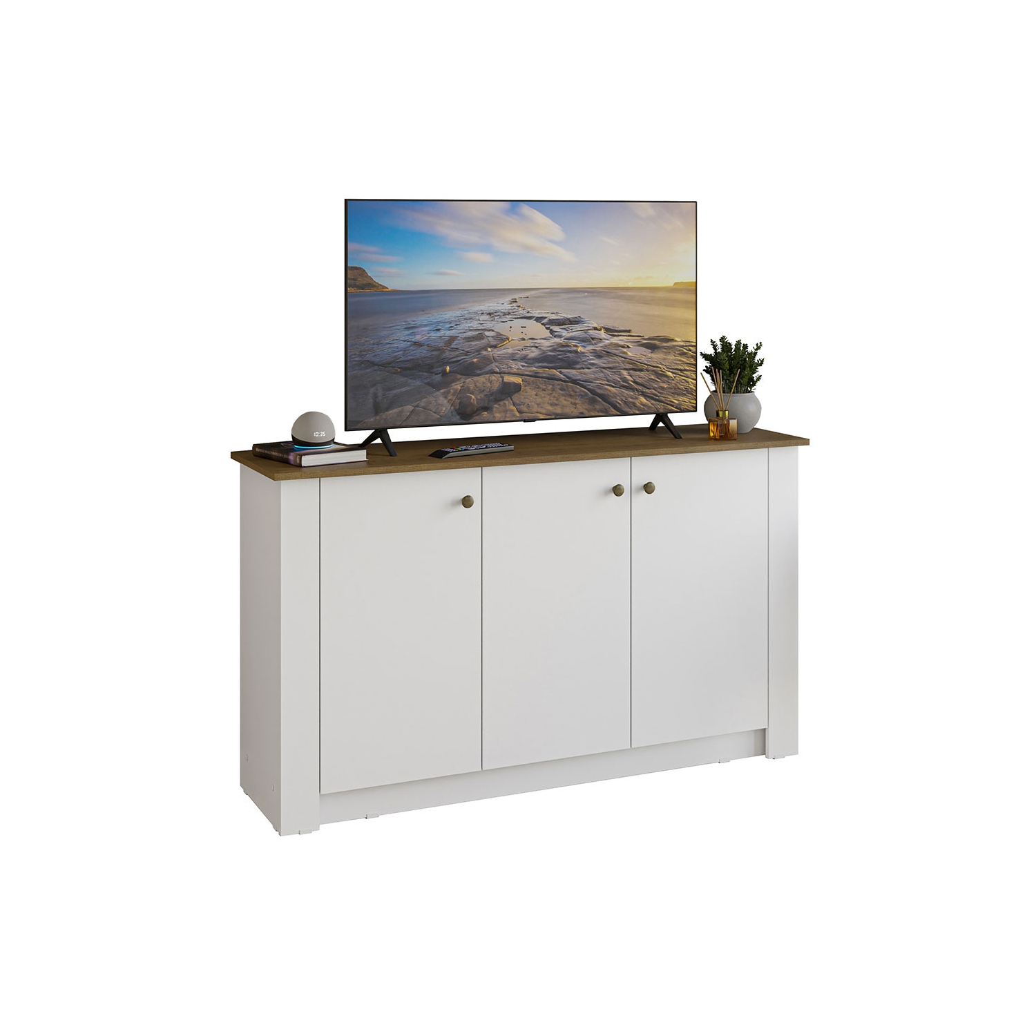 Madesa TV Stand and Storage Cabinet with 3 Doors Wooden Entertainment Unit for Living Room or Bedroom Ideal for Storing Media Devices, Remote