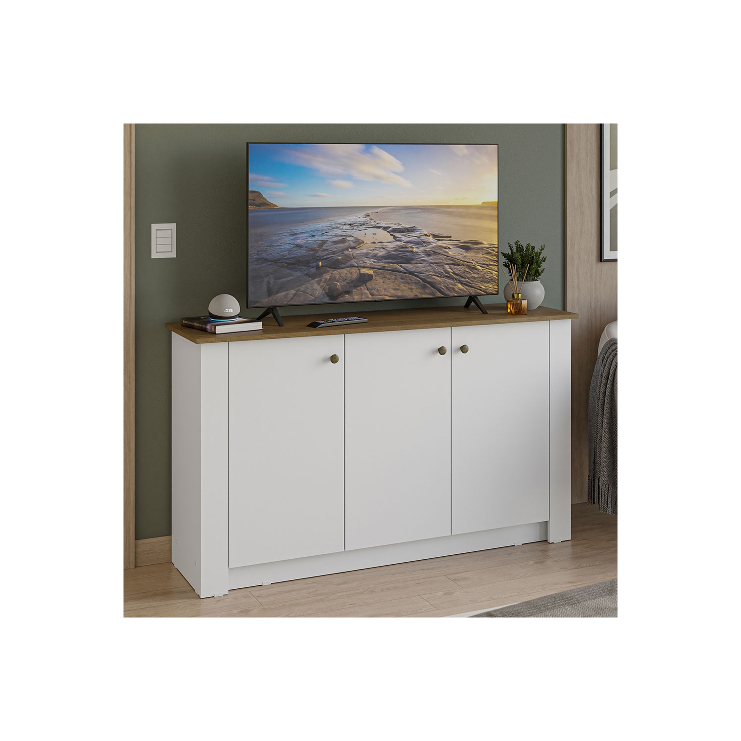 Madesa TV Stand and Storage Cabinet with 3 Doors Wooden Entertainment Unit for Living Room or Bedroom Ideal for Storing Media Devices, Remote