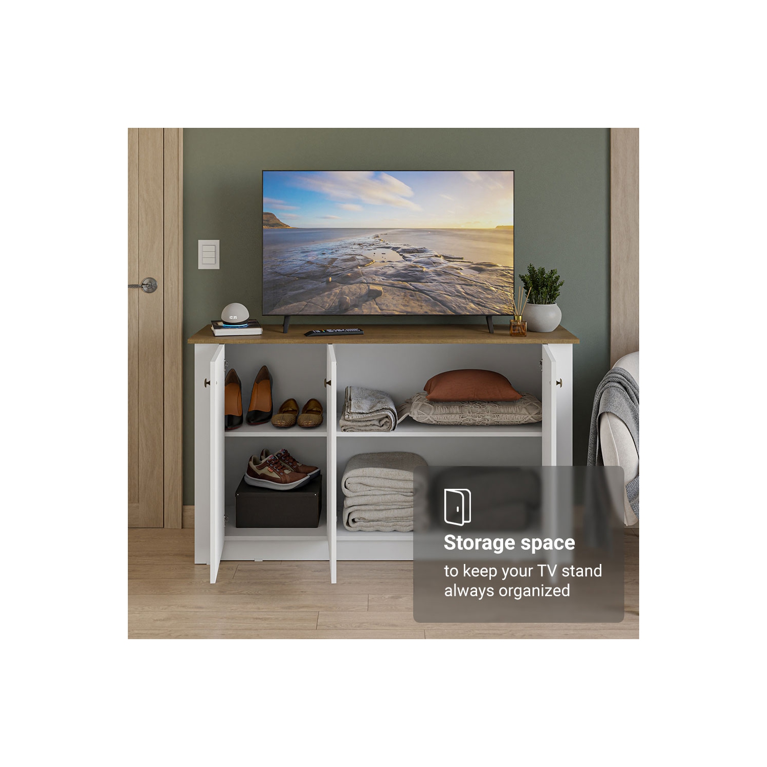 Madesa TV Stand and Storage Cabinet with 3 Doors Wooden Entertainment Unit for Living Room or Bedroom Ideal for Storing Media Devices, Remote