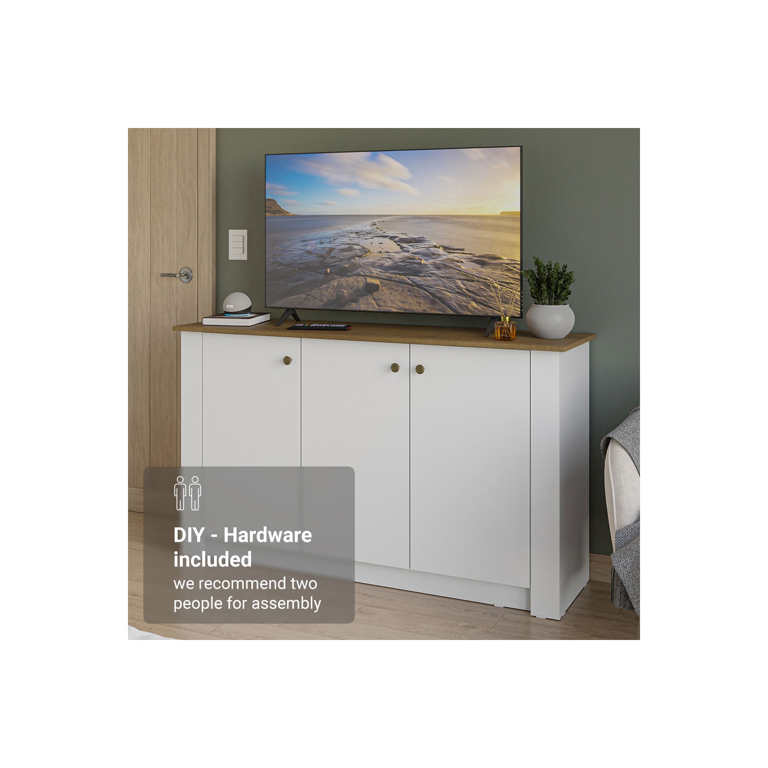 Madesa TV Stand and Storage Cabinet with 3 Doors Wooden Entertainment Unit for Living Room or Bedroom Ideal for Storing Media Devices, Remote