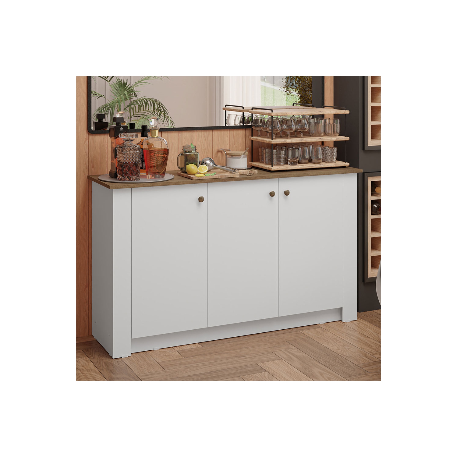 Madesa Home Bar Buffet Storage Cabinet with 3 Doors – Wooden Organization Unit for Kitchen, Dining Room, Ideal for Storing Glassware, Drinks, and