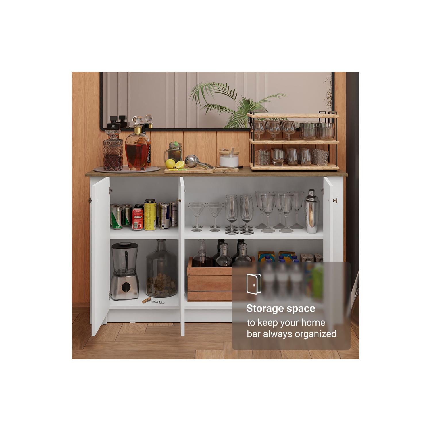 Madesa Home Bar Buffet Storage Cabinet with 3 Doors – Wooden Organization Unit for Kitchen, Dining Room, Ideal for Storing Glassware, Drinks, and