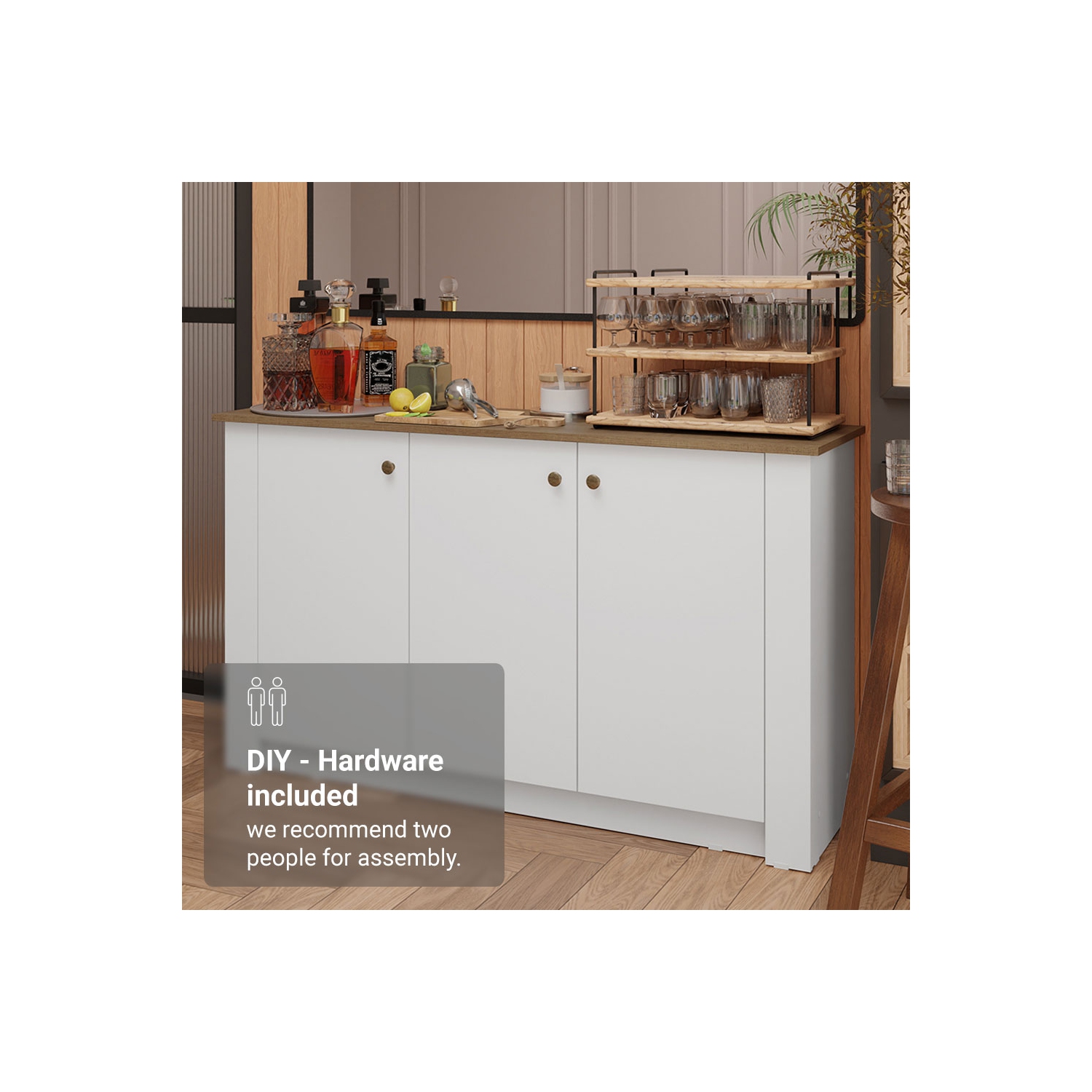 Madesa Home Bar Buffet Storage Cabinet with 3 Doors – Wooden Organization Unit for Kitchen, Dining Room, Ideal for Storing Glassware, Drinks, and