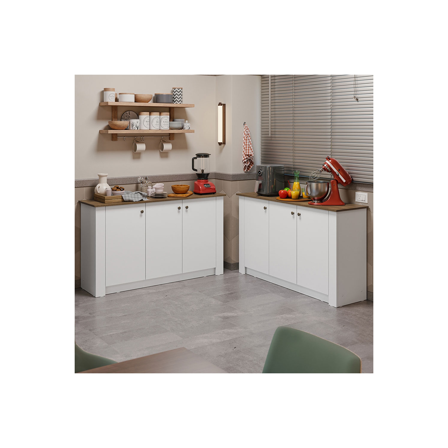 Madesa Kitchen Set 2 Buffet Cabinet with 6 Doors, Pantry Storage for Small Appliances, Utensils, Food Organization Wooden Unit - White