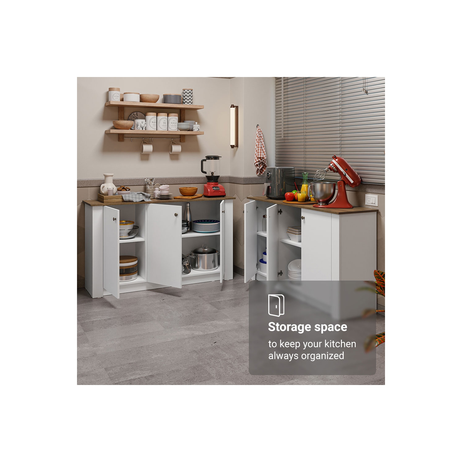 Madesa Kitchen Set 2 Buffet Cabinet with 6 Doors, Pantry Storage for Small Appliances, Utensils, Food Organization Wooden Unit - White