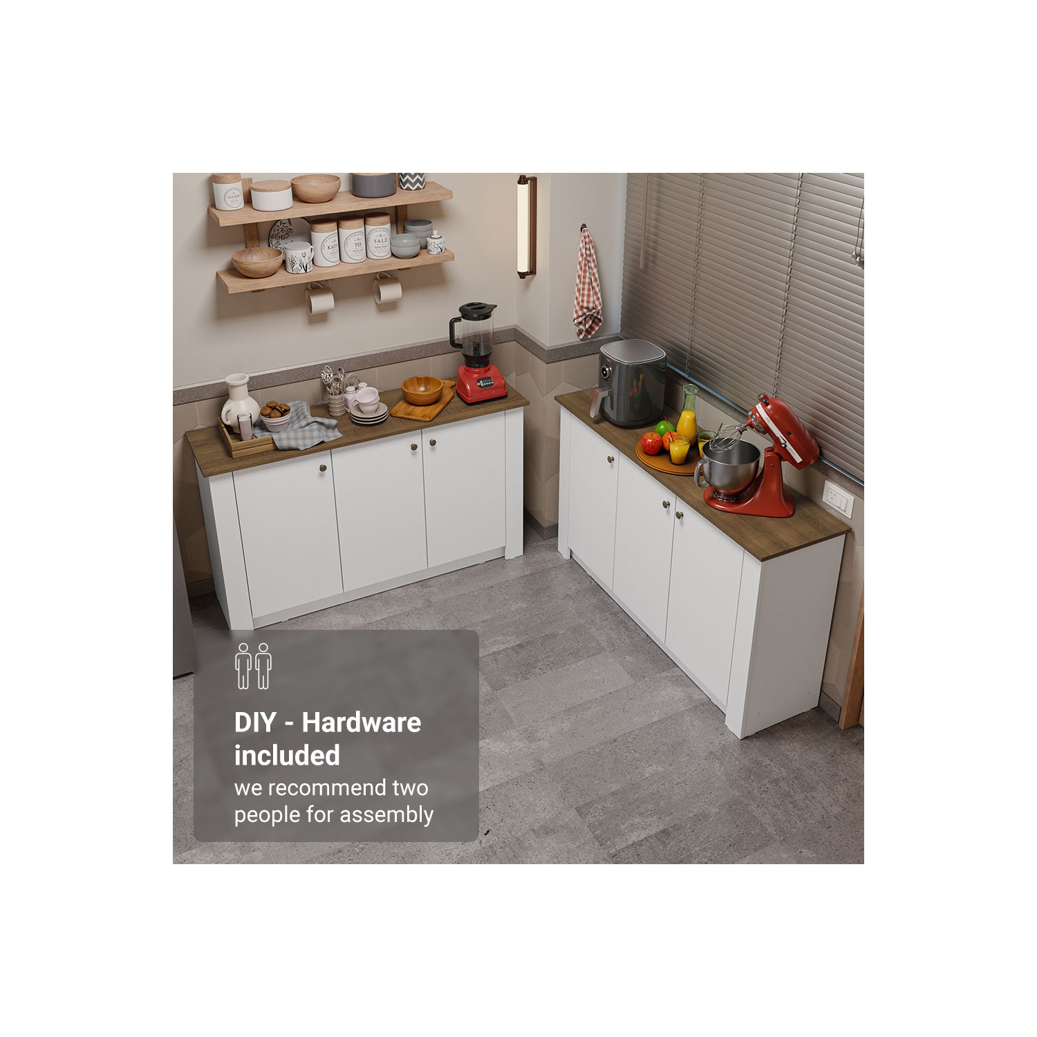 Madesa Kitchen Set 2 Buffet Cabinet with 6 Doors, Pantry Storage for Small Appliances, Utensils, Food Organization Wooden Unit - White