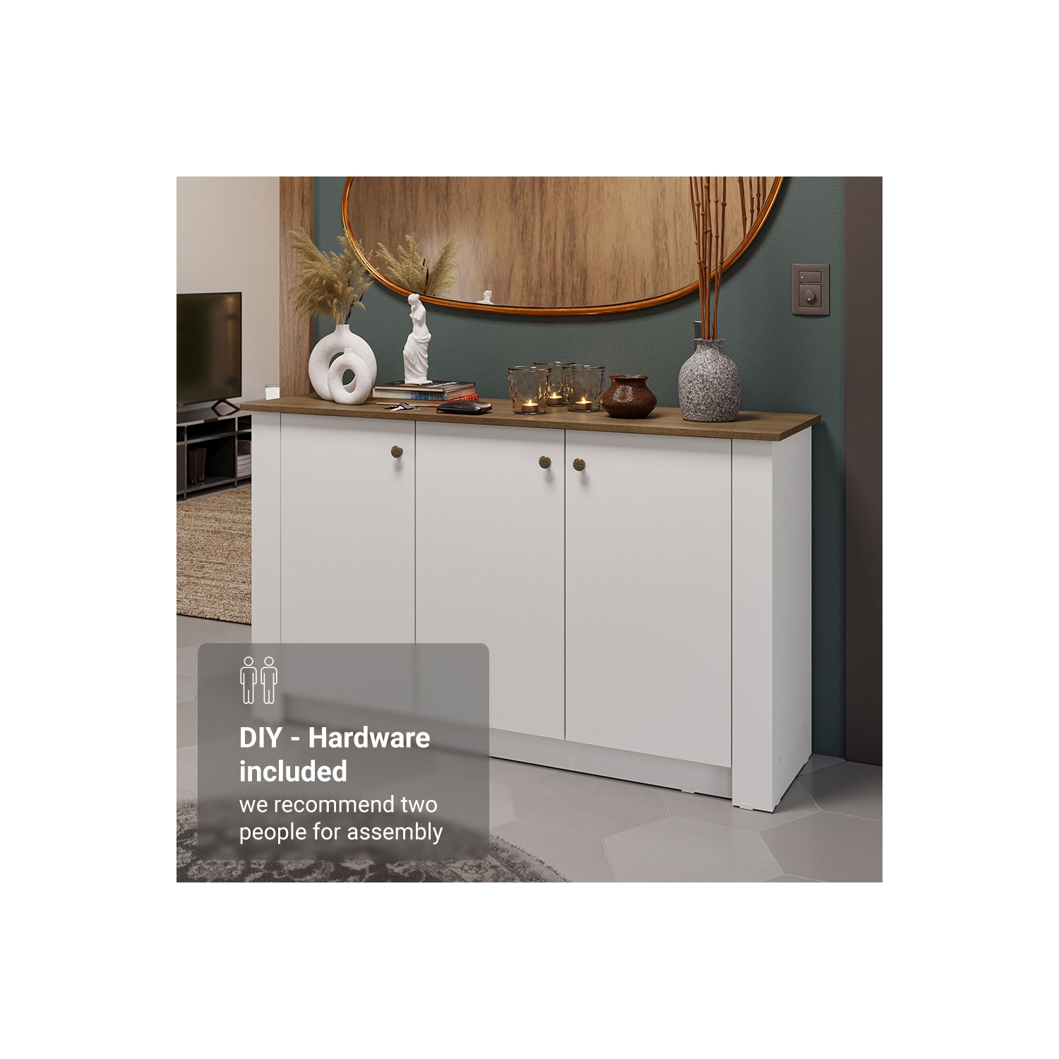 Madesa Entryway Storage Cabinet with 3 Doors – Wooden Cabinet Unit for Hallway, Living Room, or Foyer Ideal for Organizing Decor, Keys, and Everyday