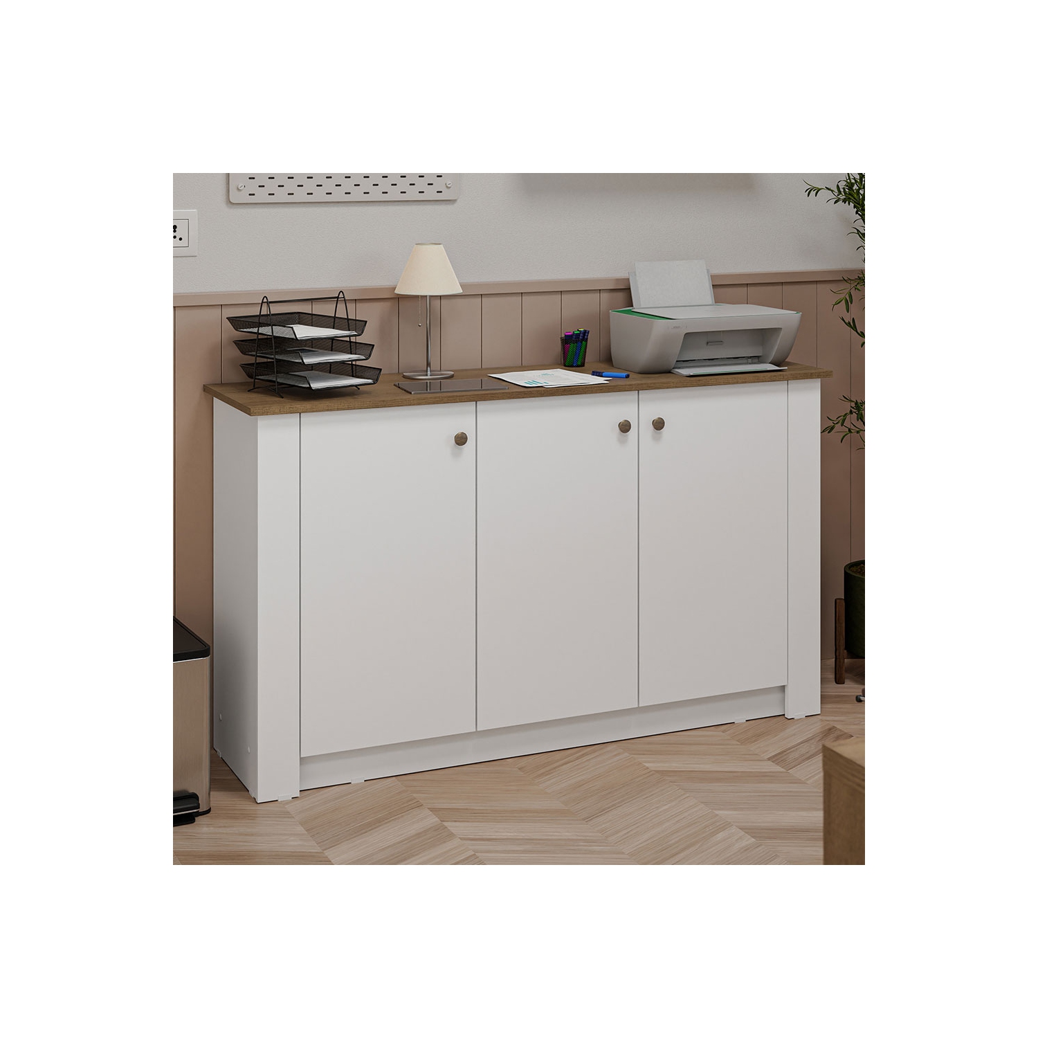 L'armoire de rangement de bureau Madesa avec 3 portes en bois pour fournitures de bureau, documents et imprimantes est idéale pour le bureau à