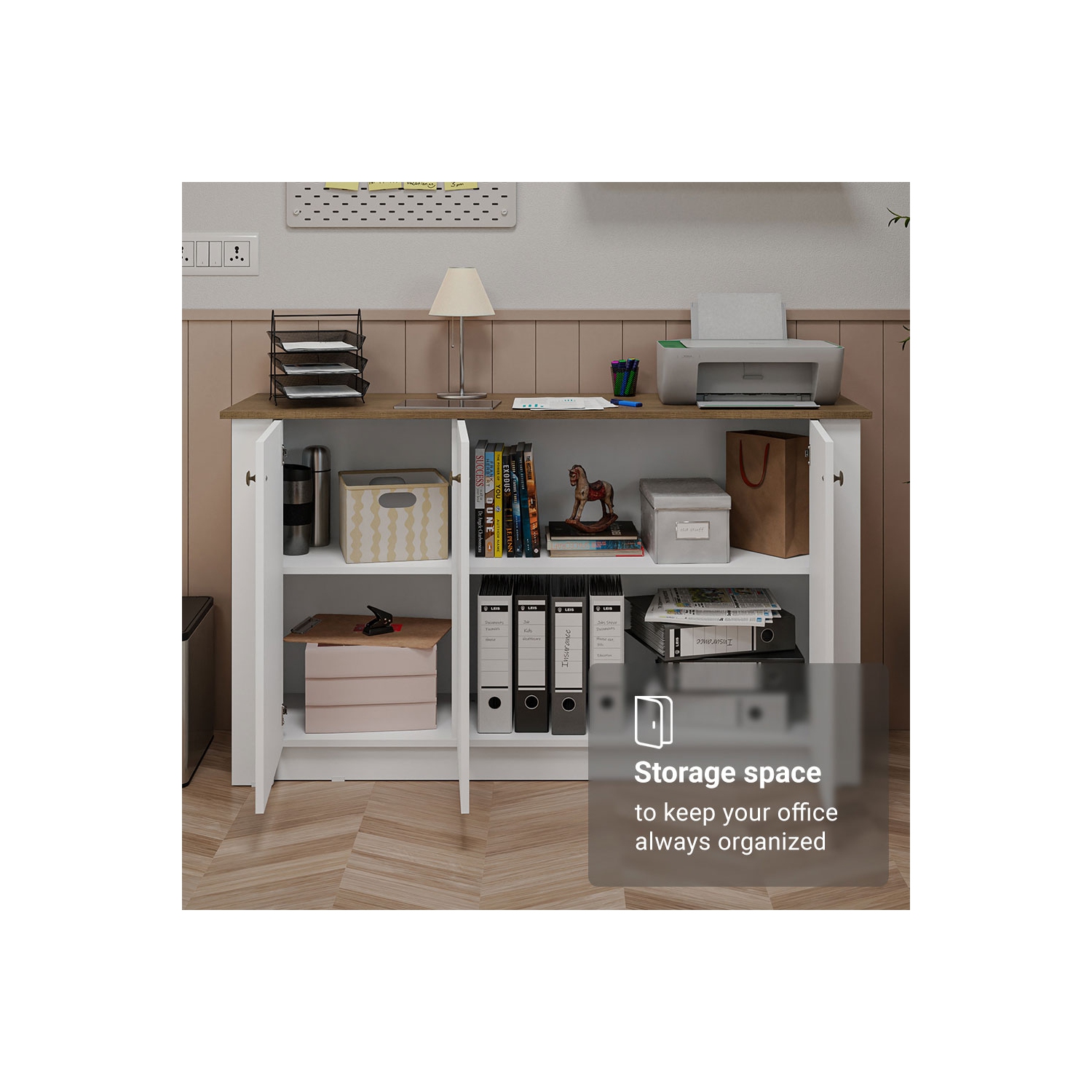 L'armoire de rangement de bureau Madesa avec 3 portes en bois pour fournitures de bureau, documents et imprimantes est idéale pour le bureau à