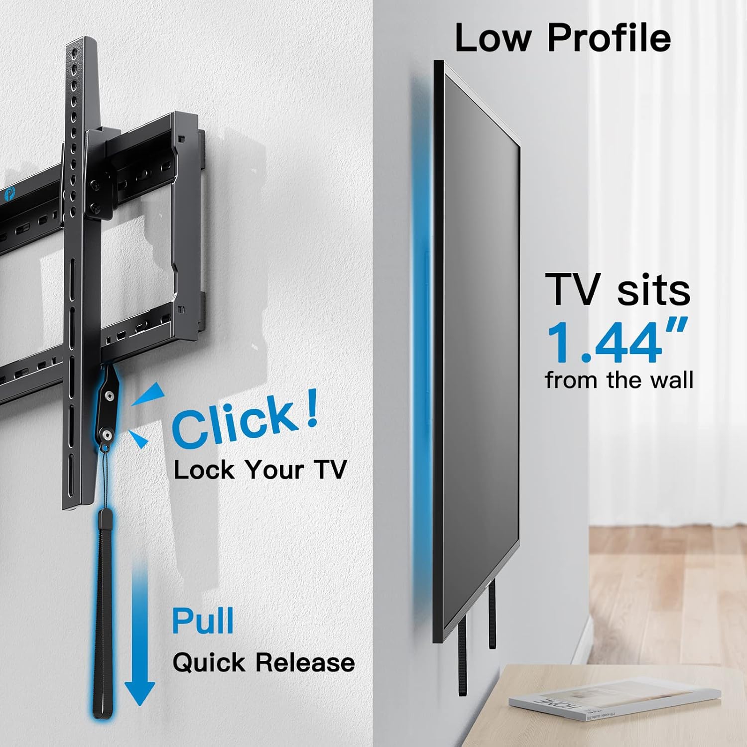 Tilt TV Wall Mount Bracket Low Profile for 37-75 Inch LED LCD OLED Plasma Flat Curved TVs up to 132lbs, Tilting Mount Fits 16"-24" Wood Studs Max