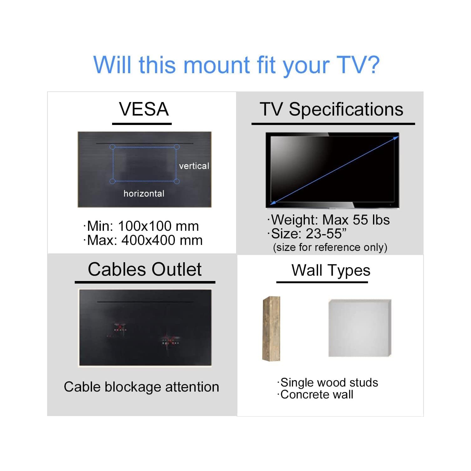 Adjustable TV Wall Mount Swivel and Tilt TV Arm Bracket for Most 32-55 inch LED up to 70lbs, LCD Monitor and Plasma TVs VESA up to 400x400mm