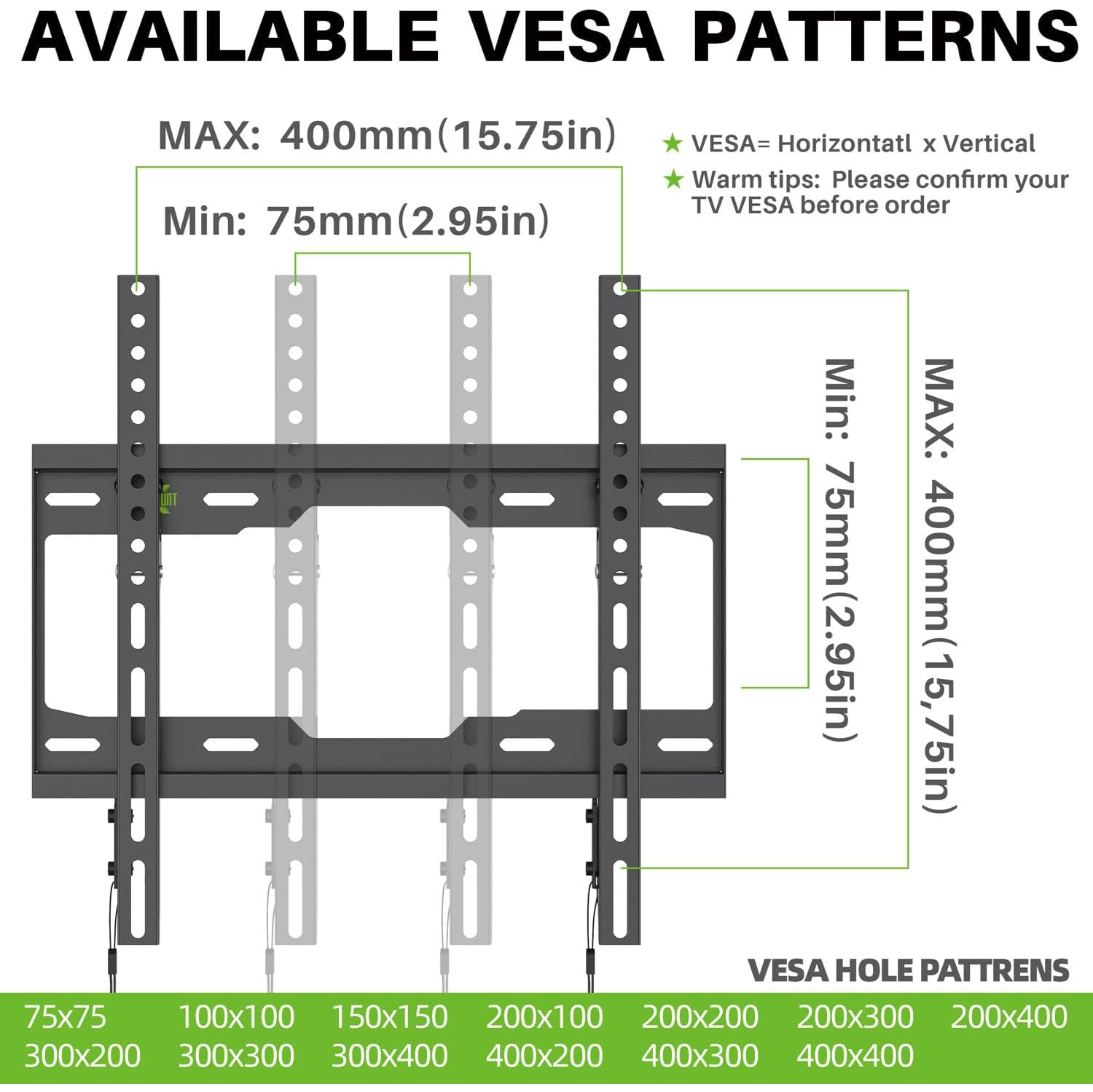 MOUNT Fixed TV Wall Mount with Low Profile for Most 26-60" Flat Screen TVs, Wall Mount TV Bracket with VESA Up to 400x400mm, TV Mount Fits 8", 16"