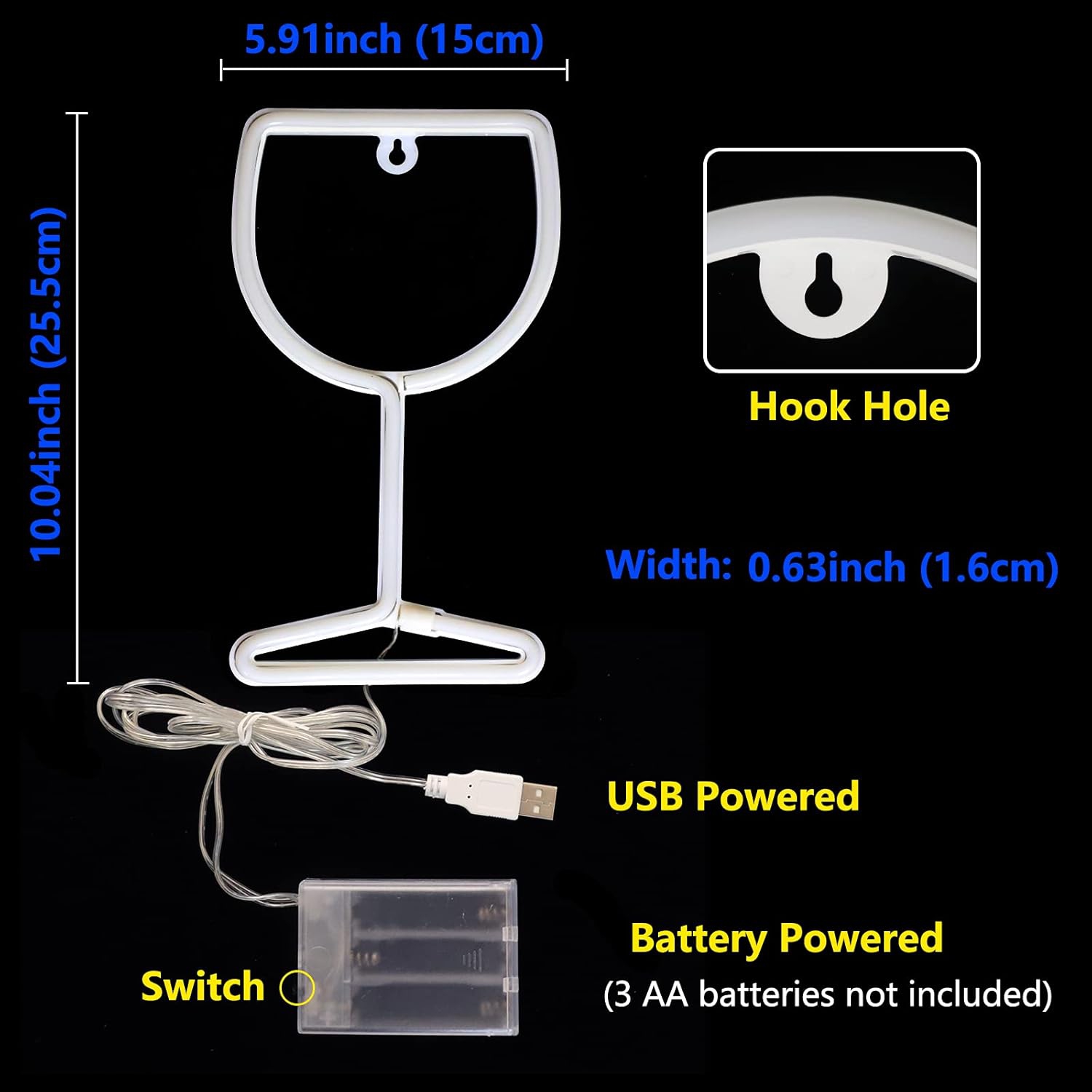 Neon Signs Wine Glass Lights - Set of 1 LED Neon Lights for Bar Decor Cool Stuff Battery/USB Operated Light up Signs - Blue