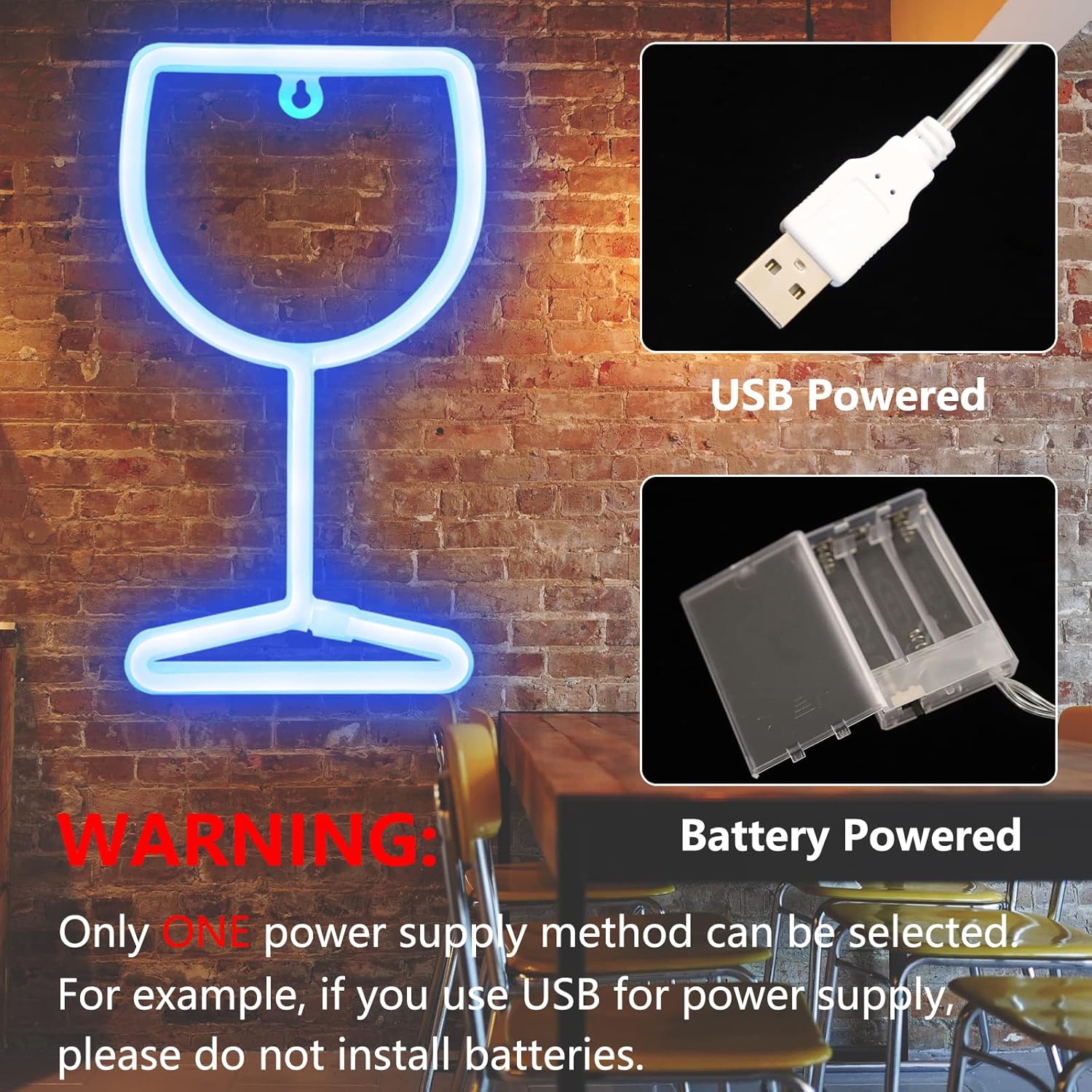 Neon Signs Wine Glass Lights - Set of 1 LED Neon Lights for Bar Decor Cool Stuff Battery/USB Operated Light up Signs - Blue