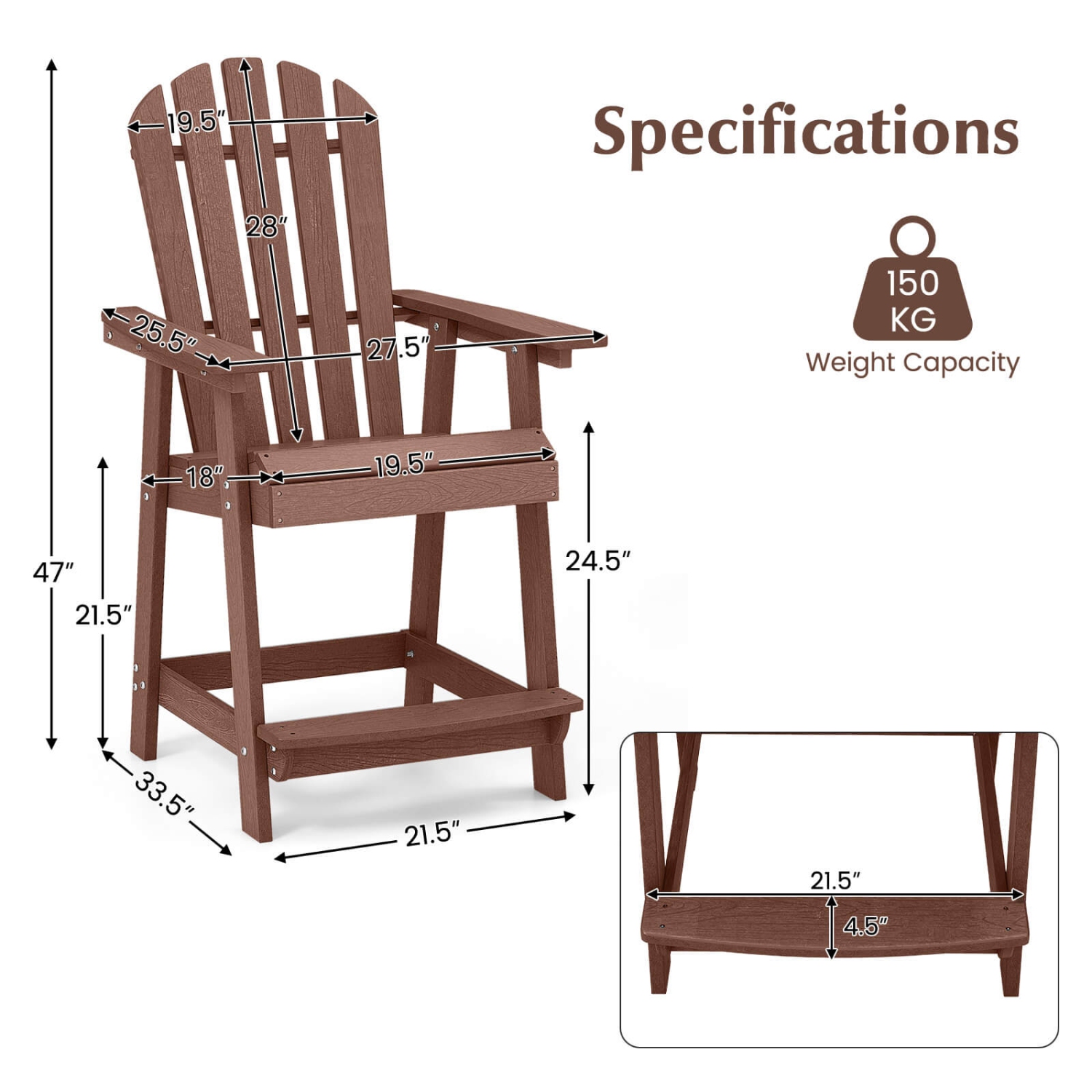 Costway – Tabouret de bar 1 PCS Chaise de patio en PEHD avec accoudoir repose-pieds Home intérieur brun extérieur