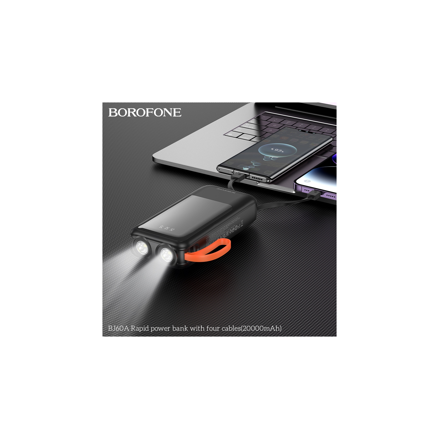 BOROFONE – Chargeur portable avec lampe de poche 20000&nbsp;mAh de 60&nbsp;A avec 4 câbles IP/type C Multiples sorties Bloc d'alimentation pour