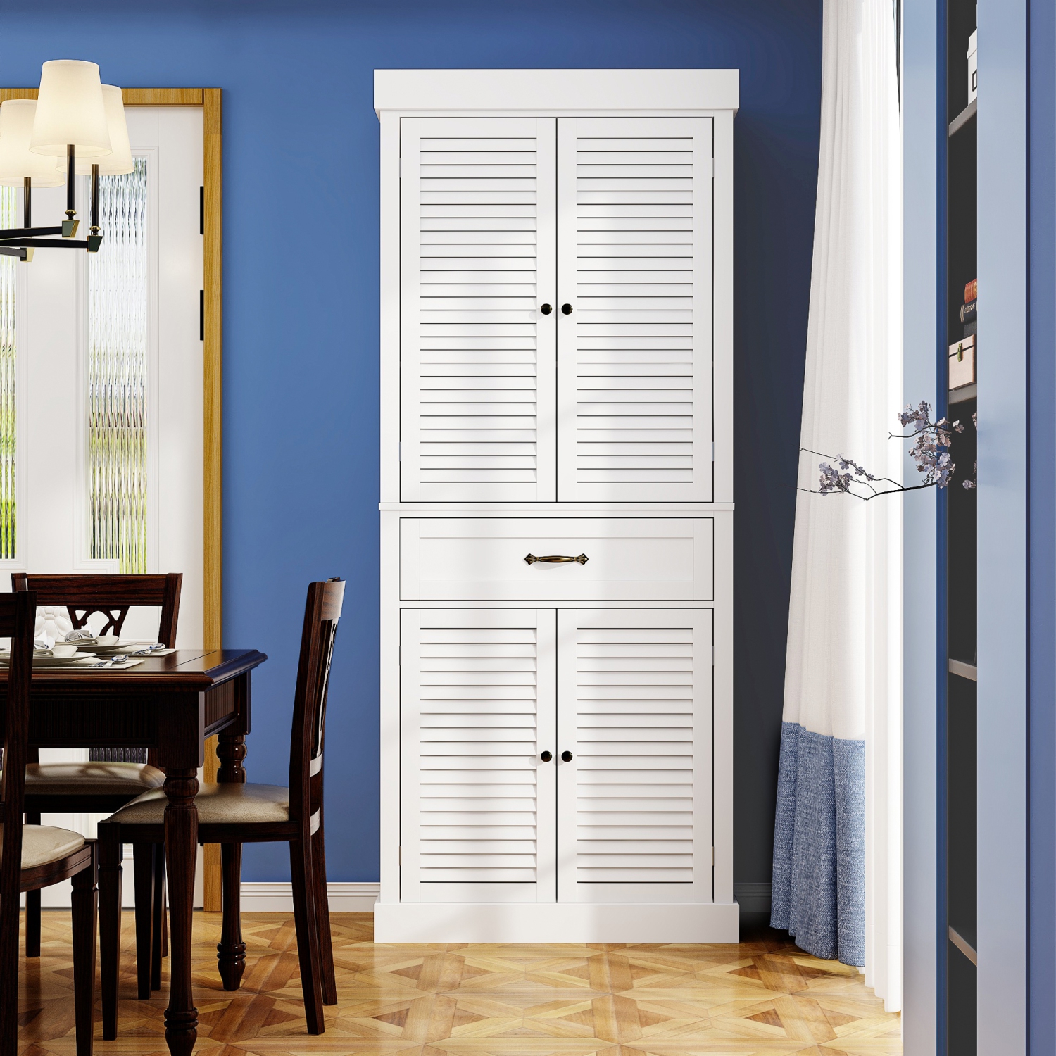 White Paint Wood Storage Cabinet With 4-Shutter Doors, Drawers and Adjustable Shelves For Office, Kitchen