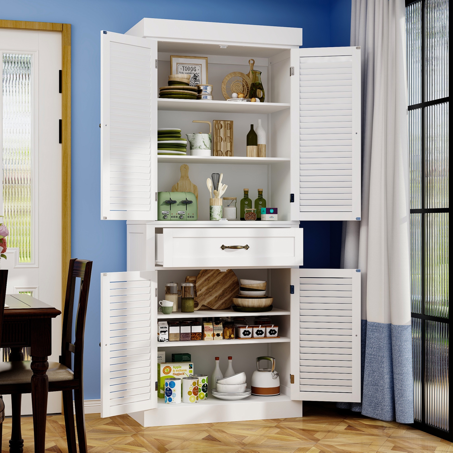 White Paint Wood Storage Cabinet With 4-Shutter Doors, Drawers and Adjustable Shelves For Office, Kitchen