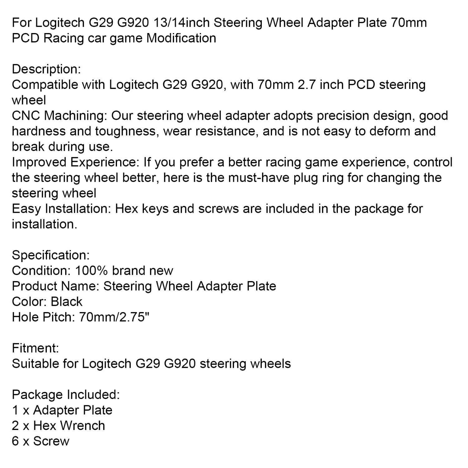 70MM Steering Wheel Adapter Plate For Logitech G29 G920 13/14inch Steering Wheel