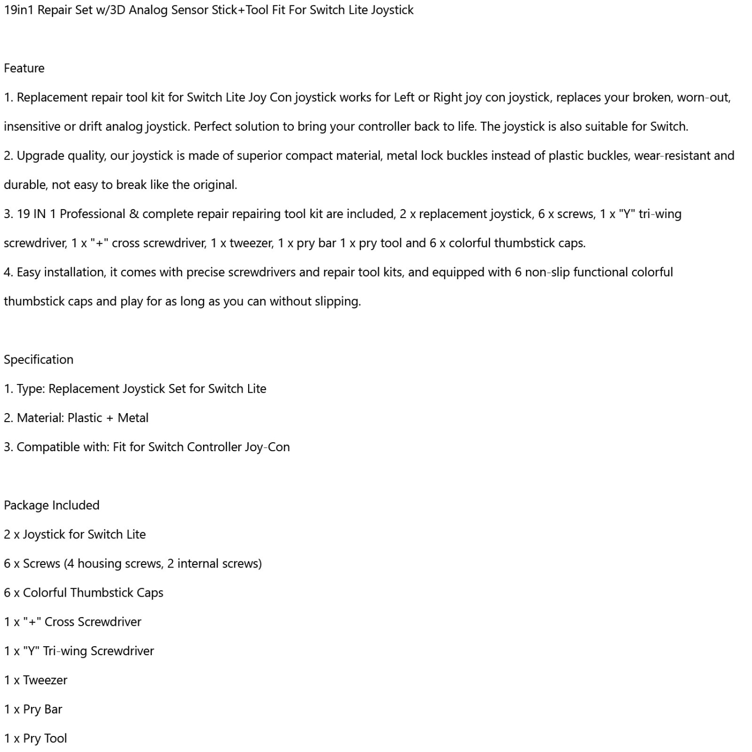 Nécessaire de réparation 19 en 1 avec manche de capteur analogique 3D et outil pour manette Switch Lite