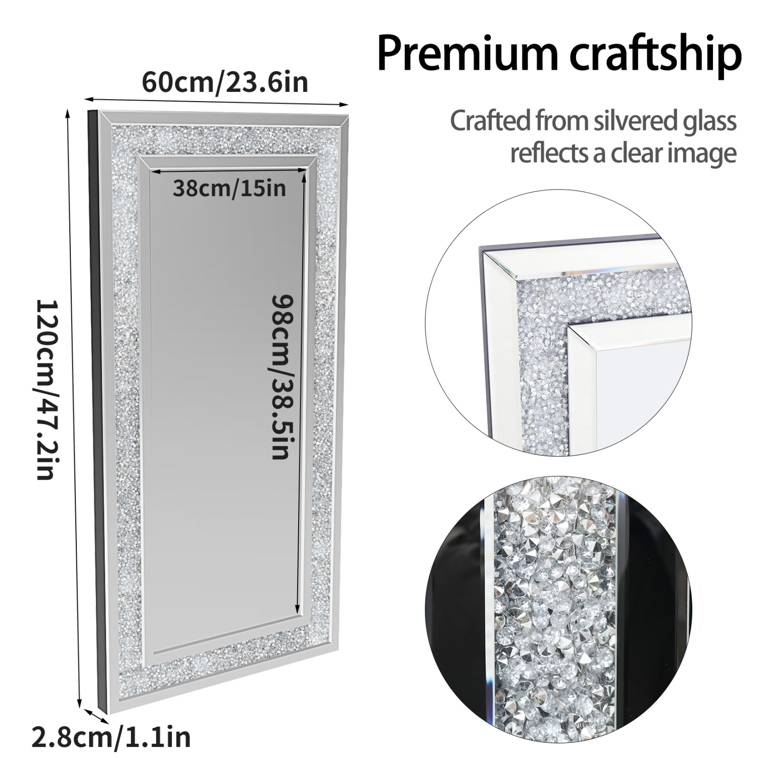 48x24 Inch Luxury Decorative Glam Silver Vanity Mirror Rectangle Crushed Diamond Mirror Rectangle Art Mirror Decor for Bedroom Living Room Dining Room