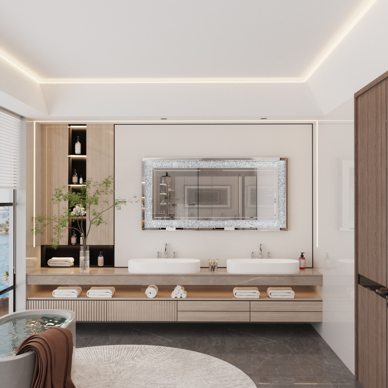 48x24 Inch Luxury Decorative Glam Silver Vanity Mirror Rectangle Crushed Diamond Mirror Rectangle Art Mirror Decor for Bedroom Living Room Dining Room