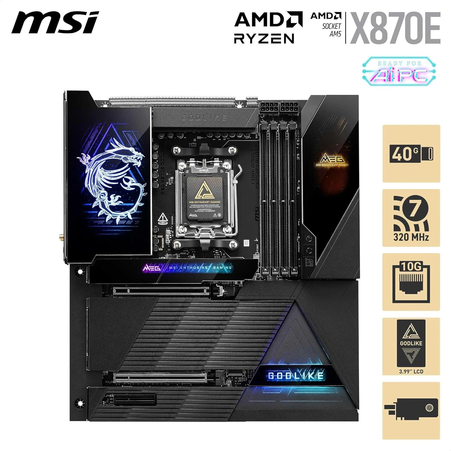 MSI MEG X870E GODLIKE, AMD X870E EATX - Compatible with AMD Ryzen 9000/8000/7000 Processors, AM5 - Dynamic Dashboard III, EZ Slide M.2, DDR5 Memory,