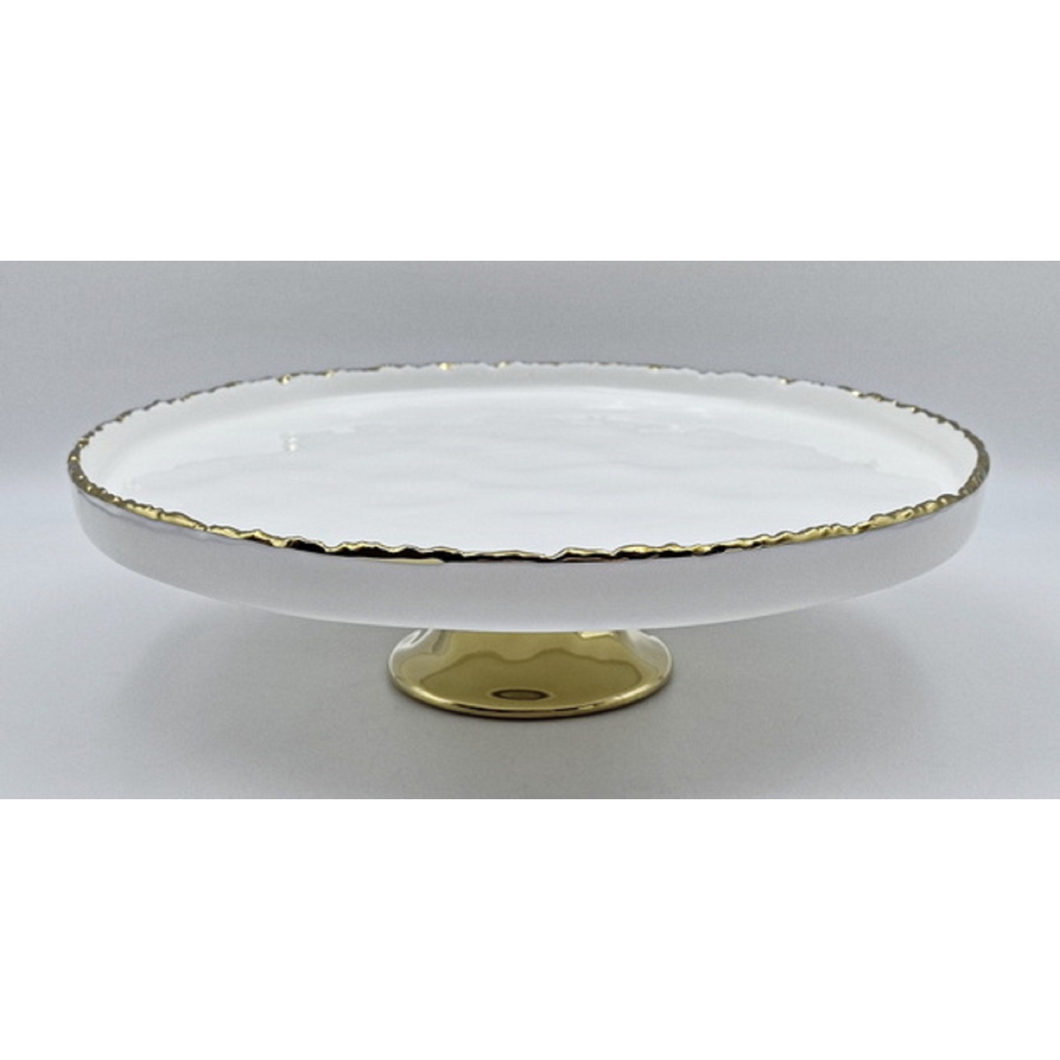 Assiette à gâteau ronde en porcelaine blanche à bordure dorée et support de la collection Simplicity