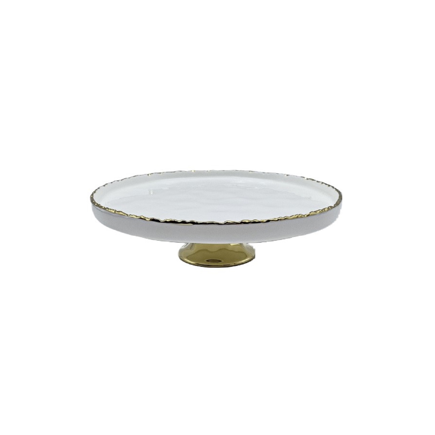 Assiette à gâteau ronde en porcelaine blanche à bordure dorée et support de la collection Simplicity