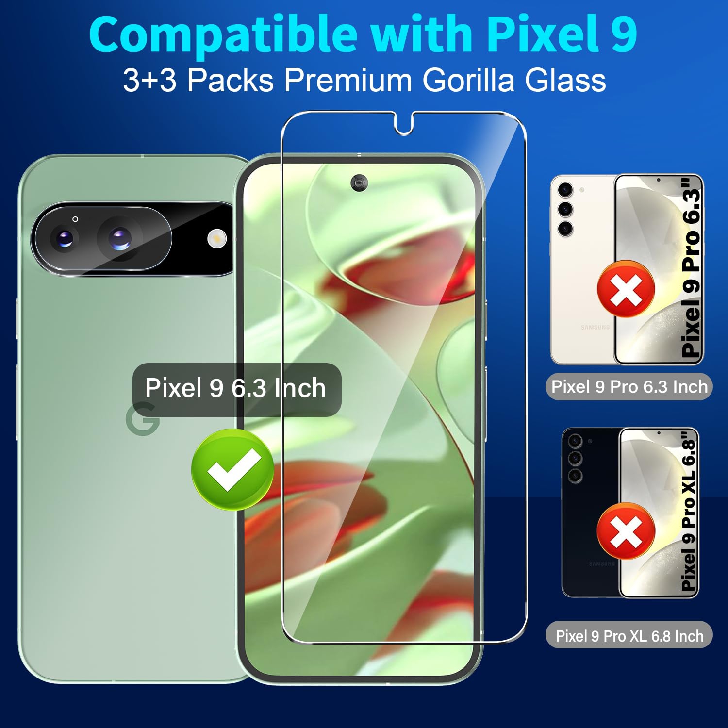 3+3 Pack Glass Screen Protector for Google Pixel 9 5G, 9H Tempered Glass, Ultrasonic Fingerprint Unlock,HD Clear Case Friendly for Google Pixel 9
