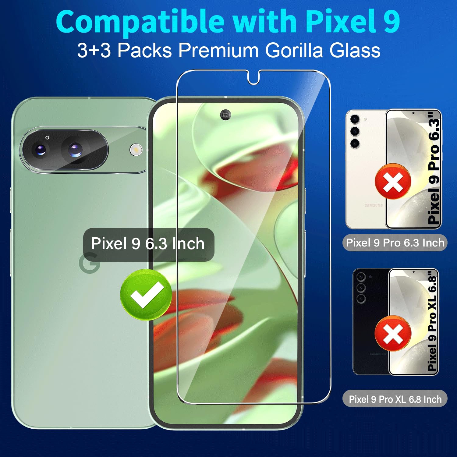 Paquet de 3+3 pour protecteur d'écran pour Pixel 9 de Google, verre trempé 9H, déverrouillage par empreintes digitales ultrasonique, protecteur