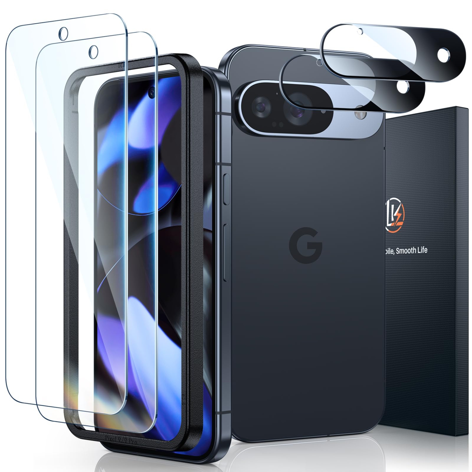 2 + 2 paquet de 2 compatibles pour Google Pixel 9 Protecteur d'écran en verre trempé + paquet de 2 protecteurs d'écran de caméra, installation facile