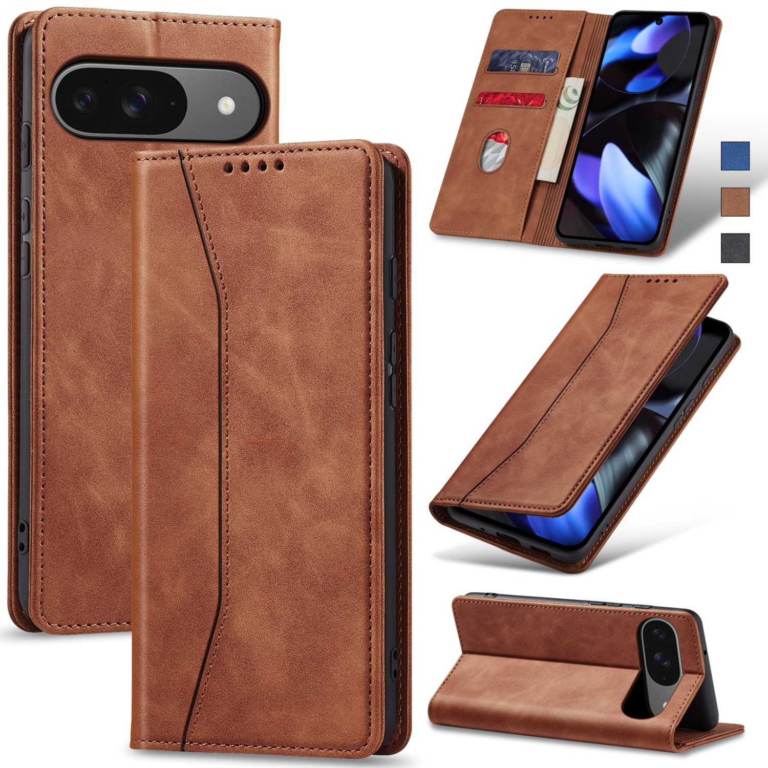 Flip Wallet Case for Google Pixel 9/9 Pro,Leather Magnetic Folio Cover with Card Holder,Kickstand - TPU Shockproof Durable Protective Phone Case,Brown