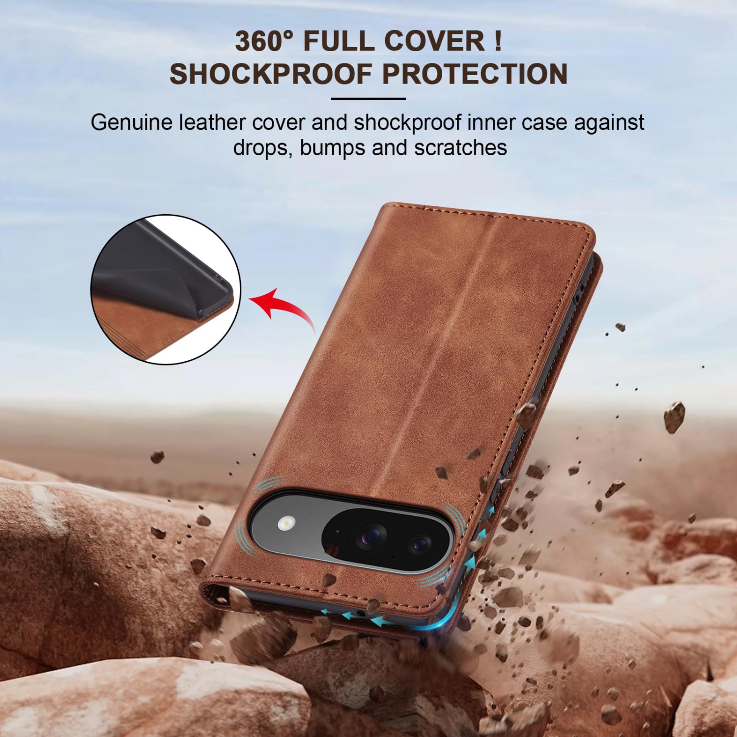 Flip Wallet Case for Google Pixel 9/9 Pro,Leather Magnetic Folio Cover with Card Holder,Kickstand - TPU Shockproof Durable Protective Phone Case,Brown