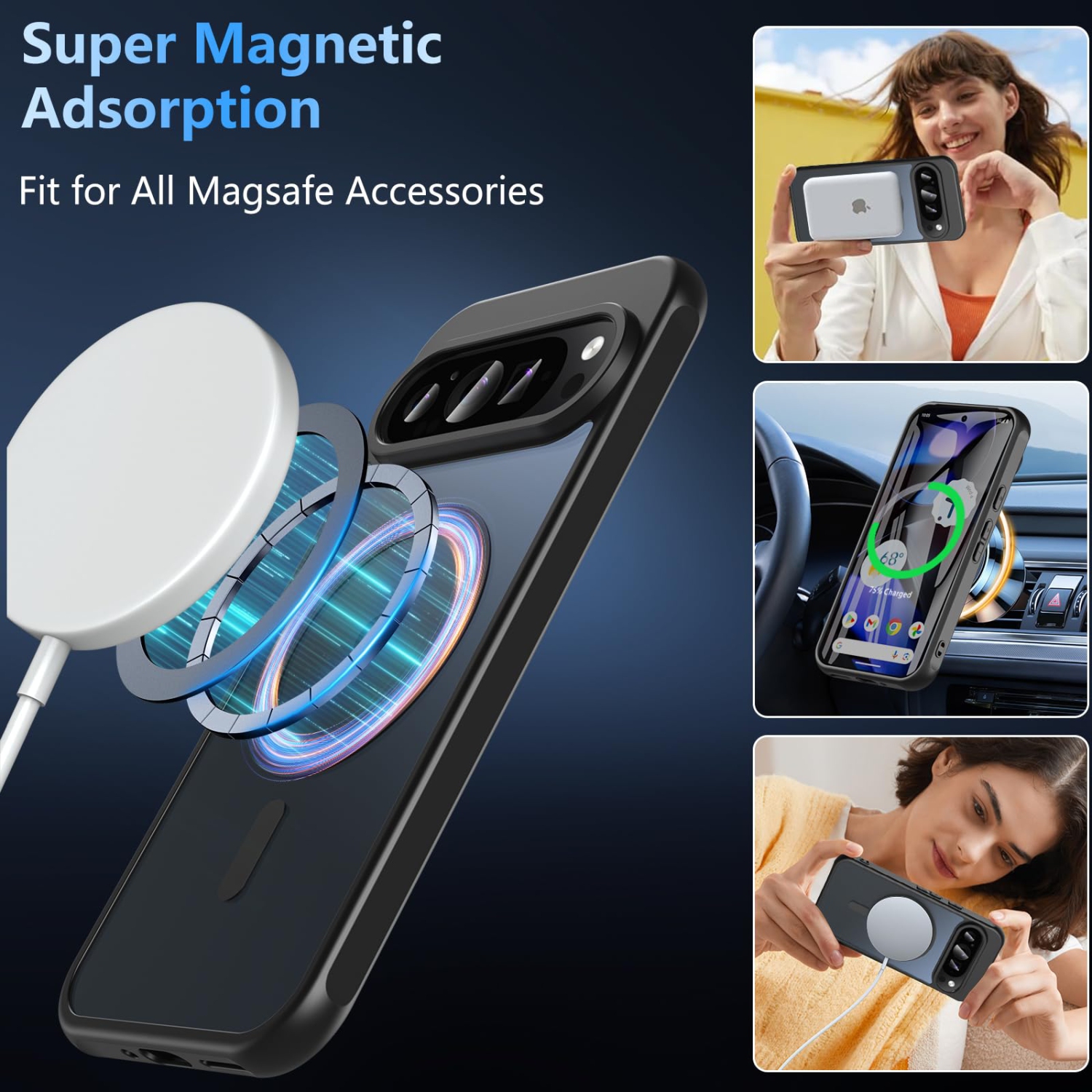 Étui pour Pixel 9/Pixel 9 Pro de Google avec protecteur d'écran, dos magnétique translucide, protection antichoc de qualité militaire, étui de