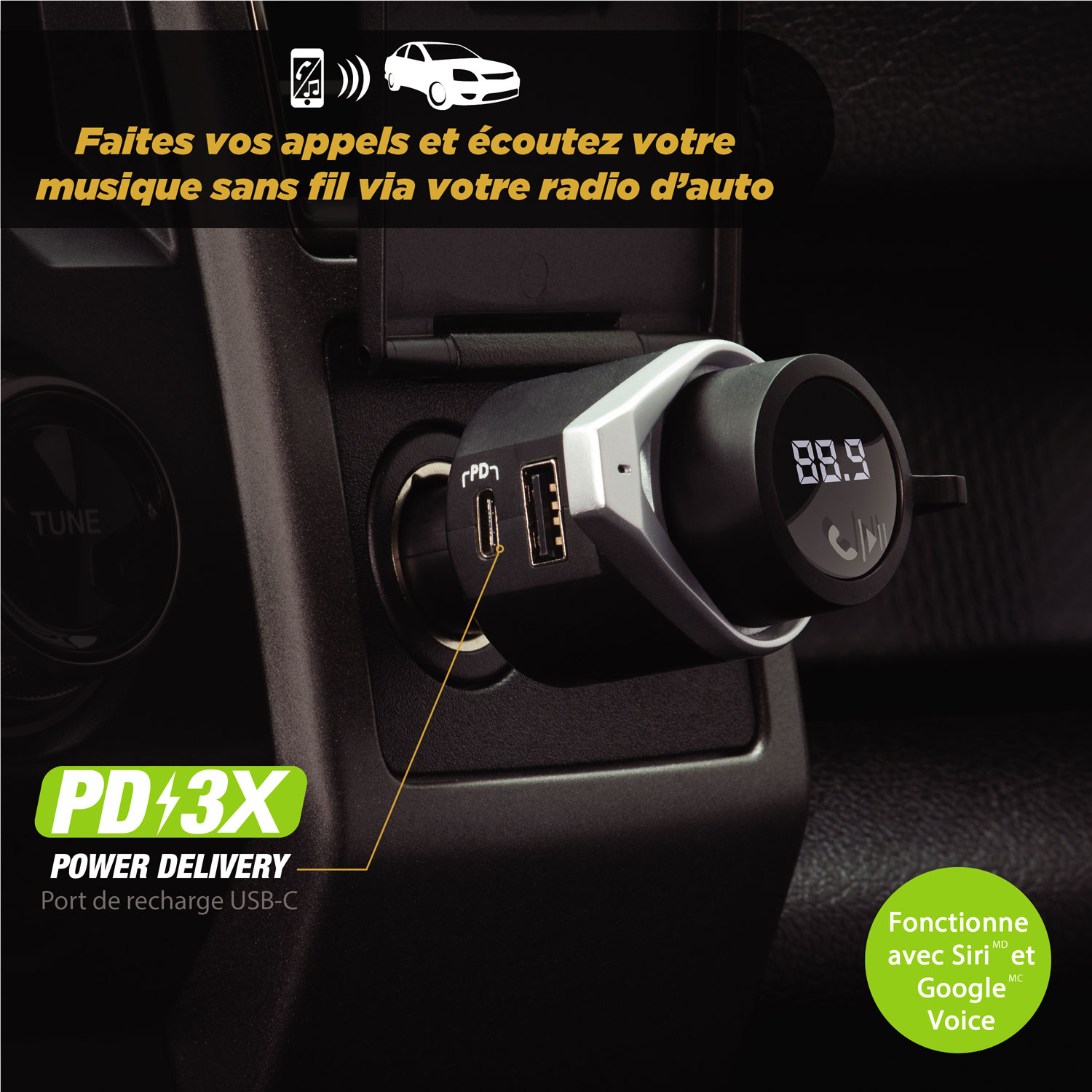 Trousse mains libres pour l'auto BTFreq de Scosche avec émetteur FM Bluetooth/Power Delivery