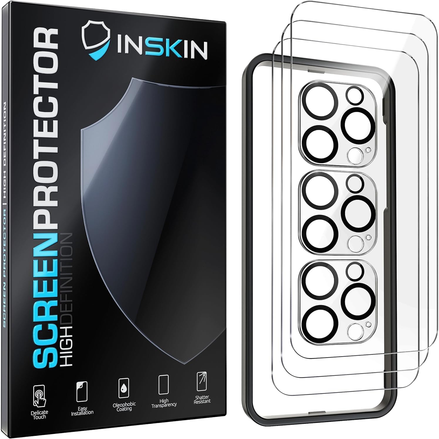 Inskin Tempered Glass for iPhone 16 Pro, Screen Protector with Camera Lens Guard, Auto Alignment Tray, 6.1 inch, Ultra HD, Case Compatible, 3+3 Pack